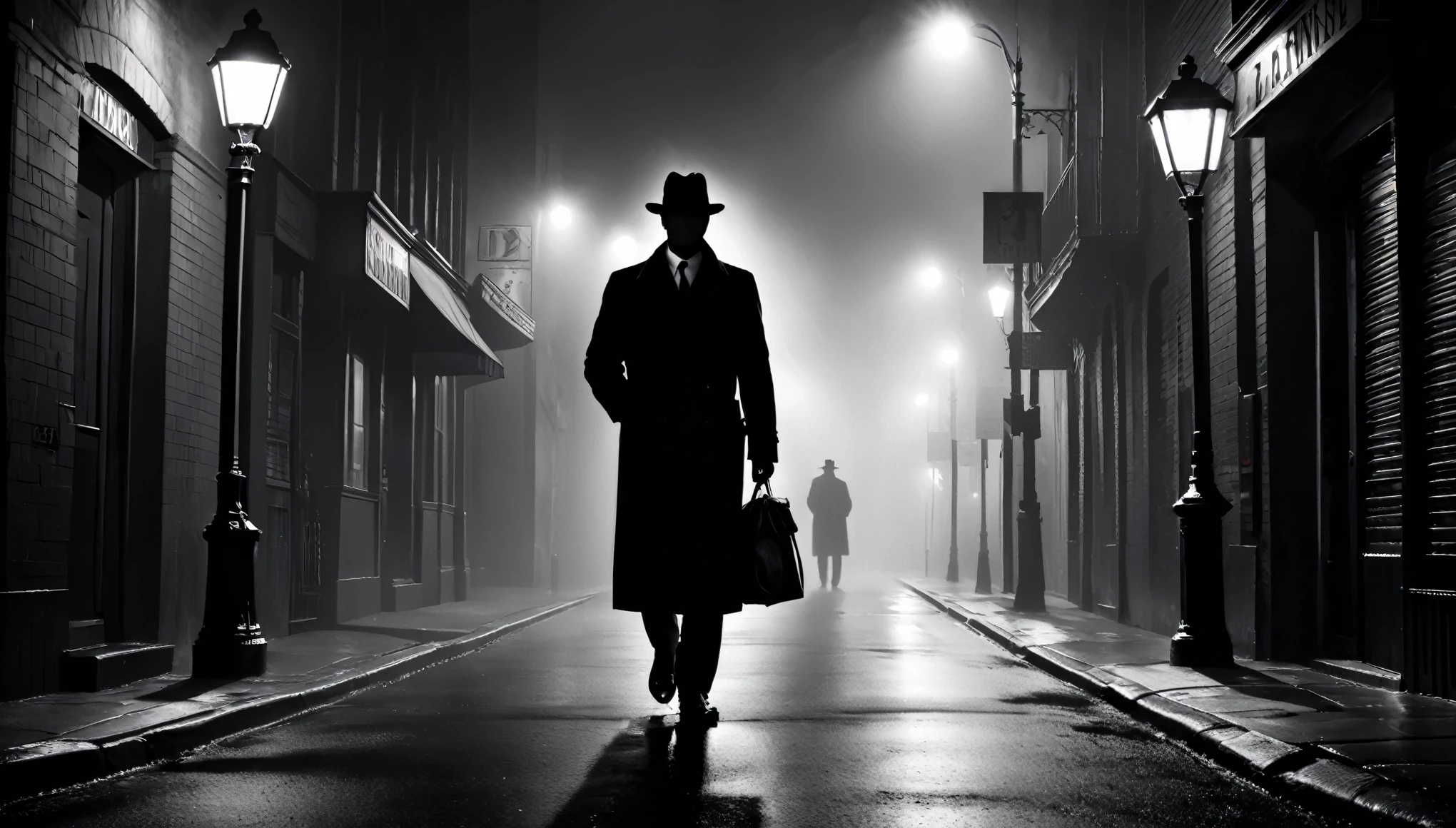 (highres,photorealistic:1.2),(HDR:1.1),(best quality:1.1),moody,black and white scene,hardboiled detective,streetlight,foggy night,long shadows,stark contrasts,classical film noir aesthetics,dramatic lighting,expressive shadows,gritty atmosphere,mysterious vibe,cinematic composition,noir style,urban setting,dramatic perspective,low-key lighting,misty atmosphere,detective thriller,nighttime mystery,urban decay,surreal ambience,urban noir,retro vibes,misty street,character study,dark alley,lonely figure,dramatic mood,wet sidewalk,wisps of fog,mysterious silhouette,hard edges,monochrome color scheme