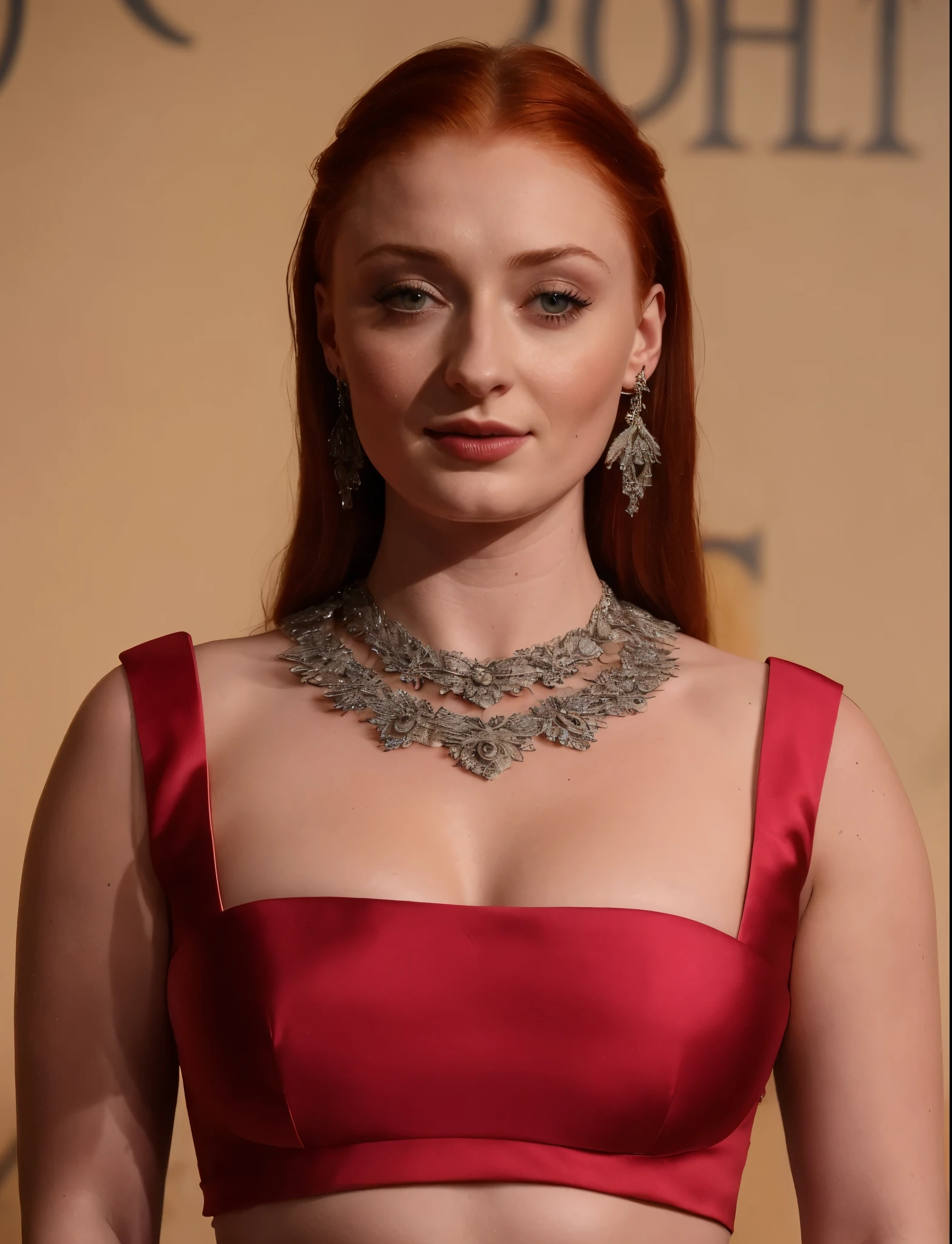 Face of Sophie Turner, Sansa Stark played by Sophie Turner, the de facto Lady of the Eyrie, is a 40-year-old mature queen with a stunning, alluring appearance. Full Face, pierced eyes, reddish lips, upper body shot, erotic Mediaeval costumes, game of thrones costumes, She wears a Game of Thrones-inspired costume and has a deep cleavage, a perfect thick body, and a perfect thick figure. The photograph captures her in a close-up, with her skin texture and facial features being ultra-realistic and realistic. Juicy thick figure, high quality skin, Skin pores, amazing details, 