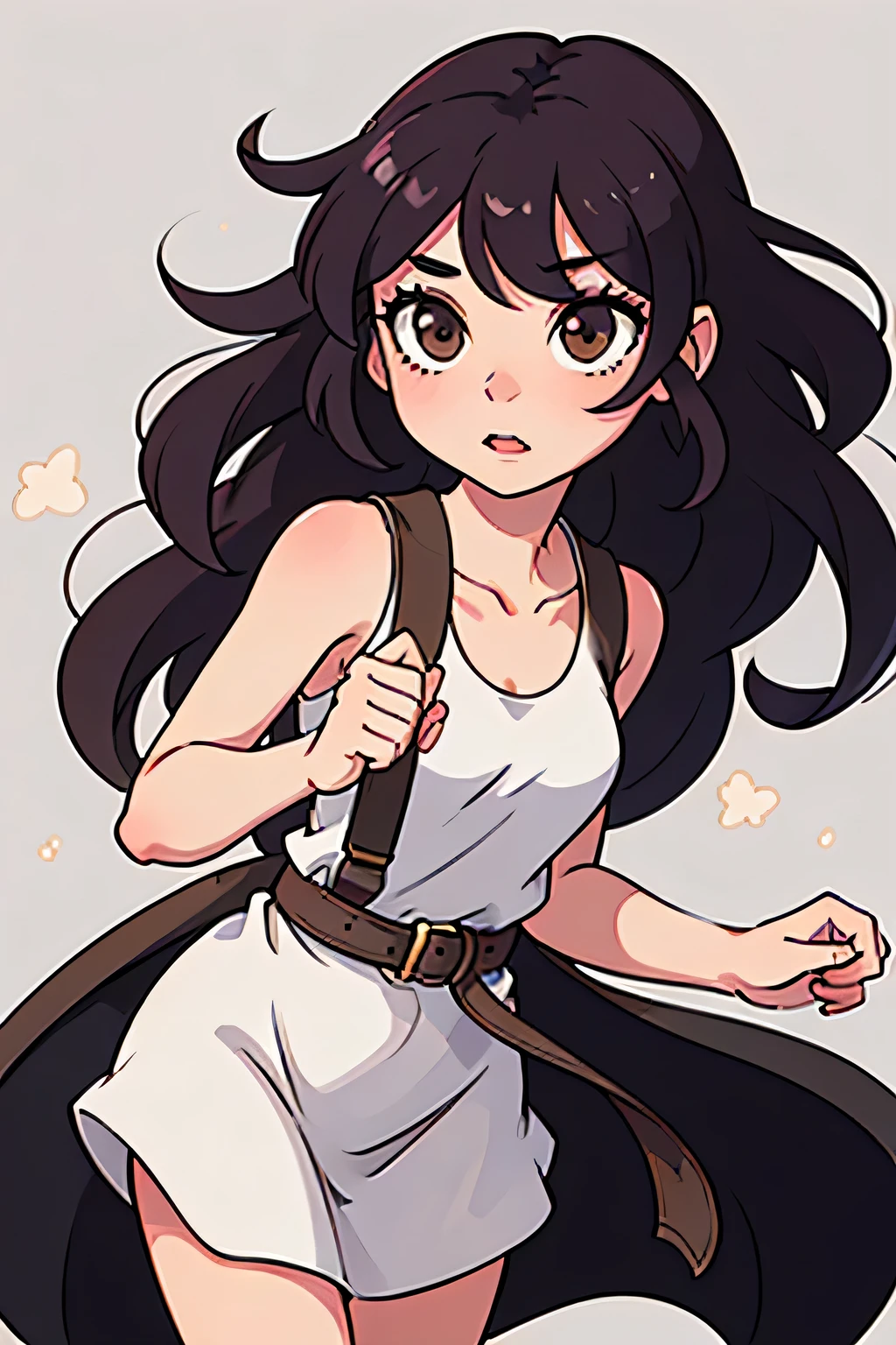 a photo of a girl character with light skin, long 3b curly hair, brown eyes