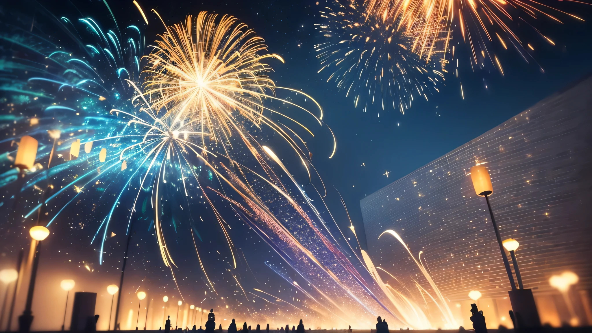 (best quality,4k,8k,highres,masterpiece:1.2),ultra-detailed,realistic,photorealistic:1.37,blue and gold,abstract background,bokeh,new year's eve,cityscape,glowing lights,sparkling fireworks,celebration atmosphere,night sky,twinkling stars,shimmering reflections,bright colors,contrast,geometric shapes,evocative energy,pulsating rhythm,mysterious depth,harmony of light and shadow,play of textures,fluid movement,vibrant energy,contemporary art,modern aesthetics,dreamlike ambiance,ethereal beauty,surreal scene,artistic interpretation