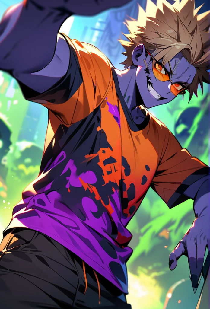 masterpiece, best quality, ultra-detailed, 1boy, zombie, purple skin, scar face, wild, vivid fearless grin, short hair, spiked hair, light brown hair, flashy colored shirt, blood, orange colored glasses, active pose, 