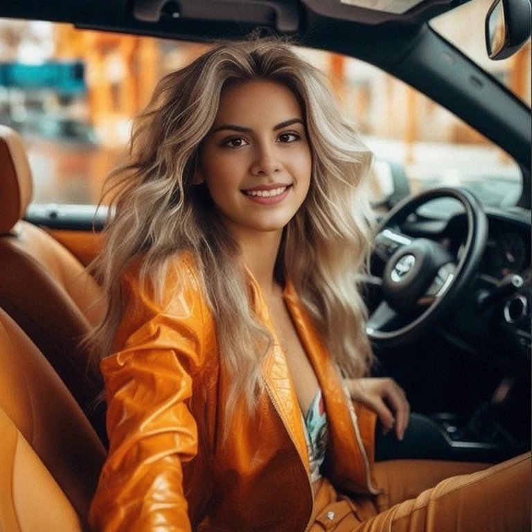 Close-up of a woman sitting in a car with a steering wheel, Anna Nikonova aka newmilky, cute woman, Anastasia Ovchinnikova, Julia Rasumova&#39;s style, sitting in her car, Alexandra Waliszewska, Anna Nikonova, blonde woman, blonde woman, Alina Ivanchenko, Orange Jacket