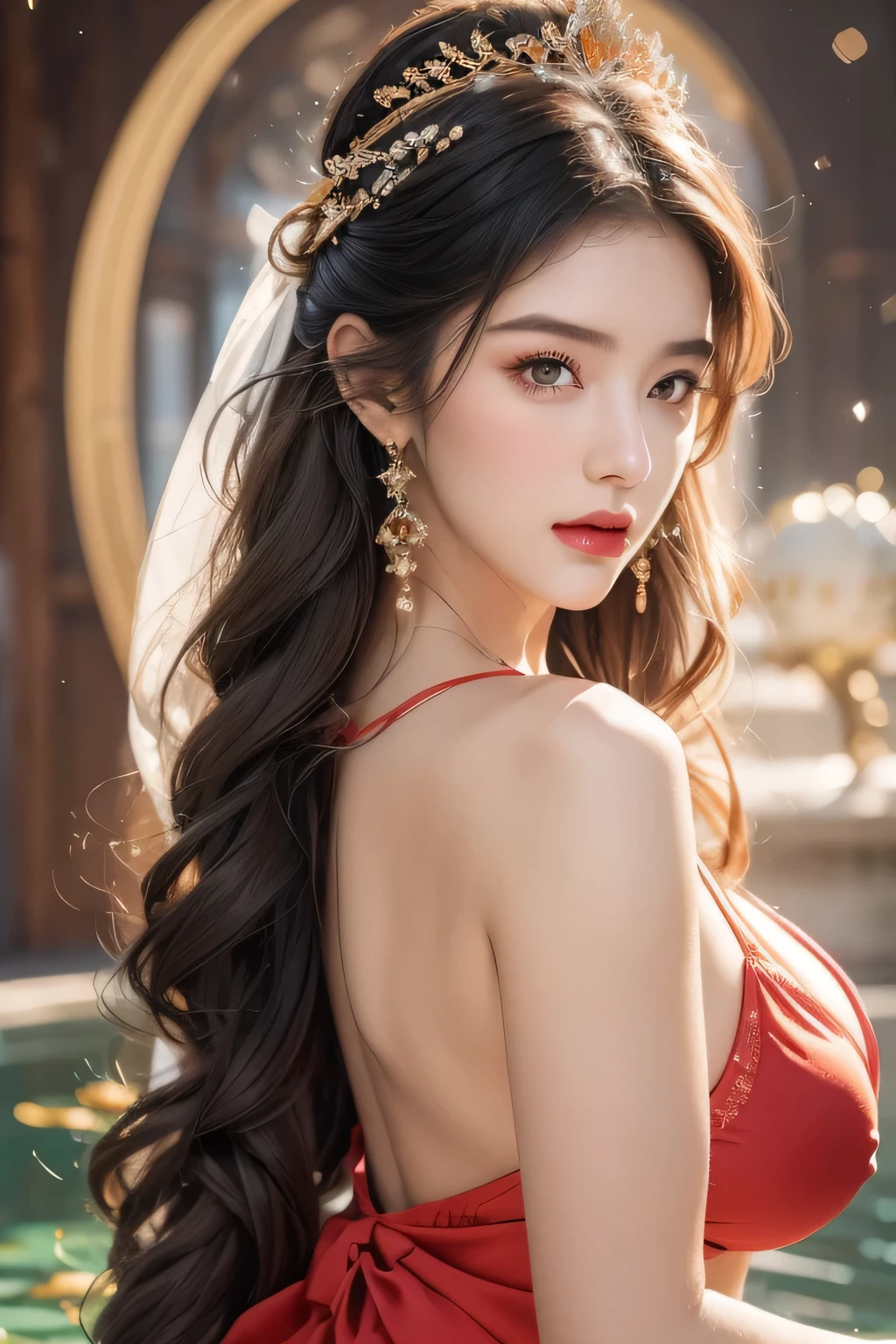High-quality work，Realistic works，Super premium graphics，8K HD CG works，high quality graphics，High-definition and exquisite CG works，10x pixels，Ultra-fine details：1.1，Advanced technical details：1.1Realistic photo effects，Interior lighting effects：1.5，natural soft light：1.5. Light effect（Virtual light effects：1.8），ultra high resolution，shining dress，sliver long hair，silber hair，transparenthair，high detailed hair（Quality hair details：1.1）Clear eyes，Double eyelids look good，Sharp eye makeup, Create exquisite eyelash makeup, tthin eyebrows, Ultra-detailed eyes，a tall nose, lovely red lips, rosey cheeks, With delicate makeup on her face , pretty face, The face shape is perfectly proportioned,（Advanced facial details：1.1）A ((close up)) of a sexy beautul woman,1 woman,beautiful woman, ((in red micro bikini)),huge ,huge ass,sexy figure,thin waist, long white hair,straight hair, silky bikini ,((in a pond)),wearing a very big golden crown,sexy pose, sexy expression, pink lipstick, blushing, posing for picture, detailed face, detailed eyes, detailed lips, detailed body, detailed arms, detailed legs,detailed fingers, detailed lora,((front view)),((close up)),((super high quality, )),((super high resolution)),((super high quality image)),((Super-class beauty)),((super detailed body)),((HDR)),((16k resolution)),((vfx)),((computer graphics)),((crystal clear water)),wet body)) ，Women's artwork，Dress full body video，Realism，Amazing Cleavage，My eyes are very bright today
