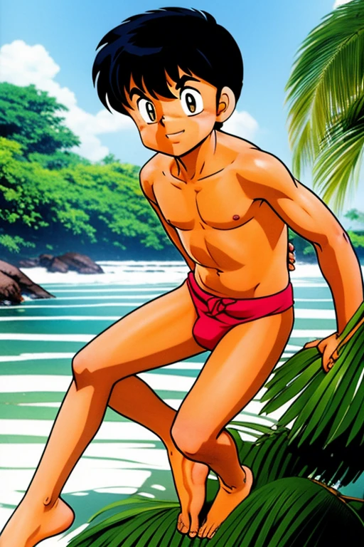 cute brown skin -yeld ind kid boy, Rko Takahashi style, full body, barefoot, shirtless