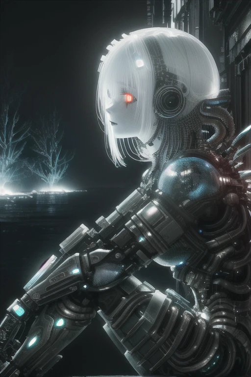 (BioPunk Girl:1.4), short mullet hairstyle, (Glowing scarlet eyes:1.2), (Translucent pale skin:1.4), No humans, Beautiful eyes with fine symmetry, bio body, (Intricate details:1.2), (Highly detailed face and eyes:1.2), (Super detailed skin quality feeling:1.4), No makeup, (dark circles:1.1), long canines, midnight aura, Creation of fantasy, Thrilling color schemes, posing sitting for a photo, side view, CG, 3D, (Delicate images), (Highly detailed), (high resolution), (Best quality), (masterpiece)
