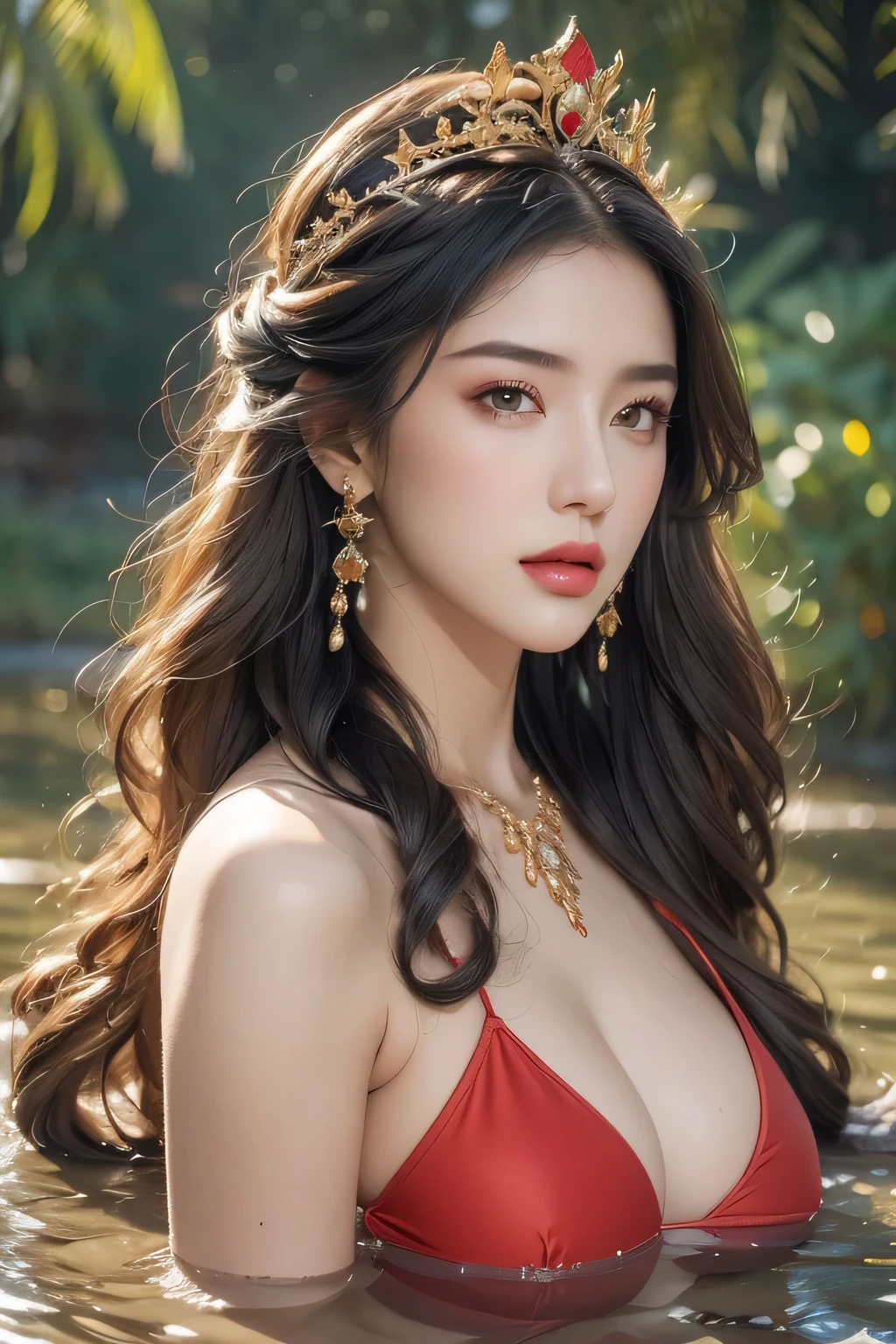 High-quality work,Realistic works,Super premium graphics,8K HD CG works,high quality graphics,High-definition and exquisite CG works,10x pixels,Ultra-fine details:1.1,Advanced technical details:1.1Realistic photo effects,Interior lighting effects:1.5,natural soft light:1.5. Light effect(Virtual light effects:1.8),ultra high resolution,shining dress,sliver long hair,silber hair,transparenthair,high detailed hair(Quality hair details:1.1)Clear eyes,Double eyelids look good,Sharp eye makeup, Create exquisite eyelash makeup, tthin eyebrows, Ultra-detailed eyes,a tall nose, lovely red lips, rosey cheeks, With delicate makeup on her face , pretty face, The face shape is perfectly proportioned,(Advanced facial details:1.1)A ((close up)) of a sexy beautul woman,1 woman,beautiful woman, ((in red micro bikini)),huge ,huge ass,sexy figure,thin waist, long white hair,straight hair, silky bikini ,((in a pond)),wearing a very big golden crown,sexy pose, sexy expression, pink lipstick, blushing, posing for picture, detailed face, detailed eyes, detailed lips, detailed body, detailed arms, detailed legs,detailed fingers, detailed lora,((front view)),((close up)),((super high quality, )),((super high resolution)),((super high quality image)),((Super-class beauty)),((super detailed body)),((HDR)),((16k resolution)),((vfx)),((computer graphics)),((crystal clear water)),wet body)) ,Women's artwork,Dress full body video,Realism,Amazing Cleavage,My eyes are very bright today