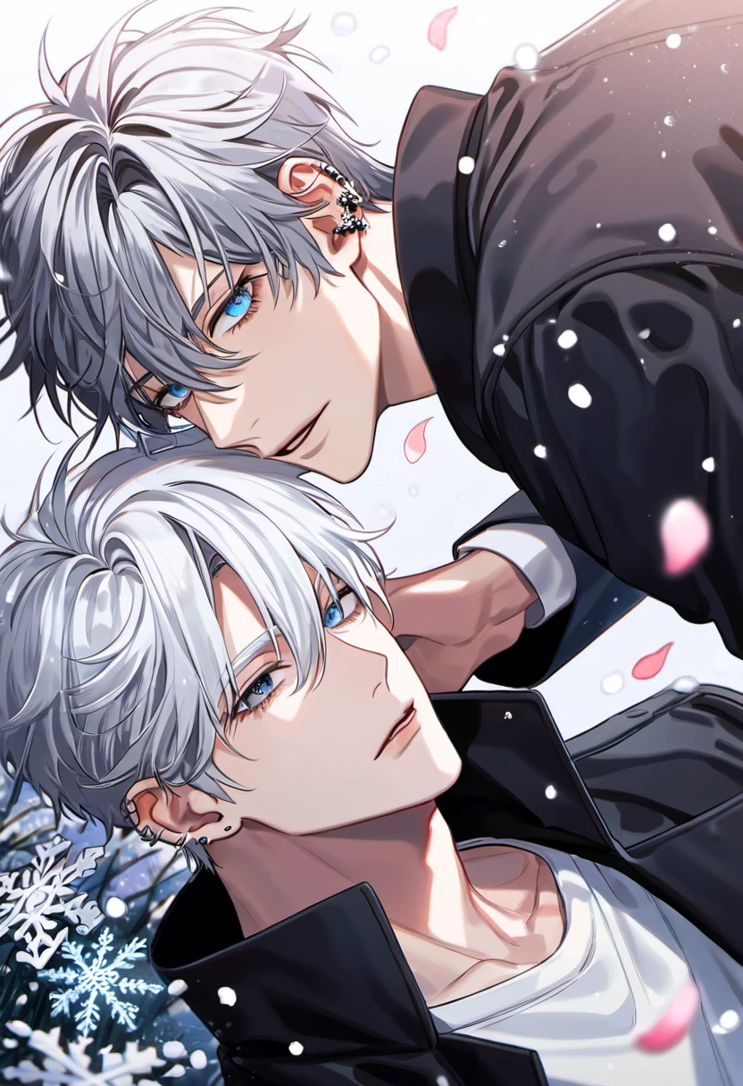 absurdres, highres, ultra detailed, HDR, master piece, best quality, Kang Woojin, black messy hair, expressive dark blue eyes, ear piercings, Gojo Satoru, white hair, hair between the eyes, white eyelashes, expressive blue eyes, Love Jinx, 2men together, gay couple, handsome, black coat, white shirt, petals, garden, snow, snowflakes, snowing