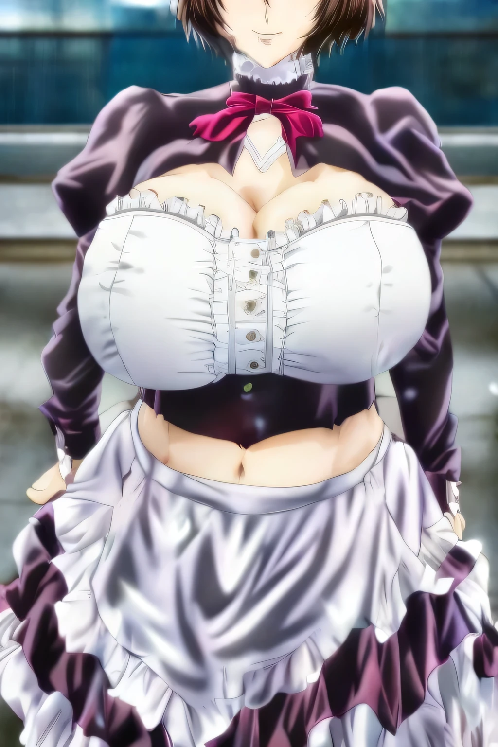 An older woman, huge breast, big dark brown hair, her light yellow eye, round big eyelash, wears a black maid top, shows her navel and wears a metallic black maid skirt, and is happy.