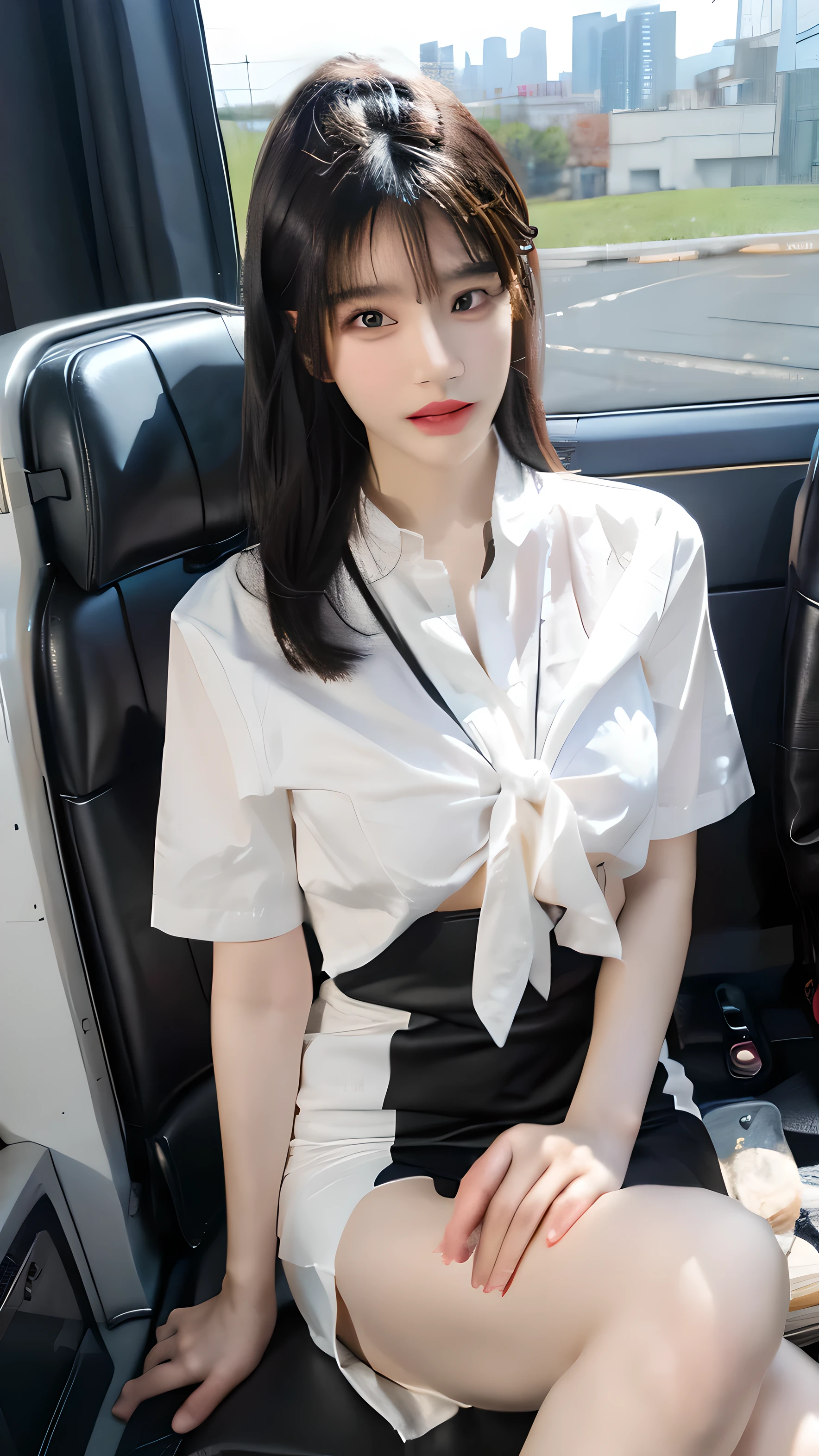 high contrast,photography,masterpiece,detail,a girl,individual,Asian,OK,waitress,lips slightly open,Light makeup,Legs are long and beautiful,black hair,White shirt,tie,Black hip-wrap skirt,,wear gloves,sitting in airplane seat,There is a window behind him.,Airplane wings in the background,dramatic lighting,medium focal length lens