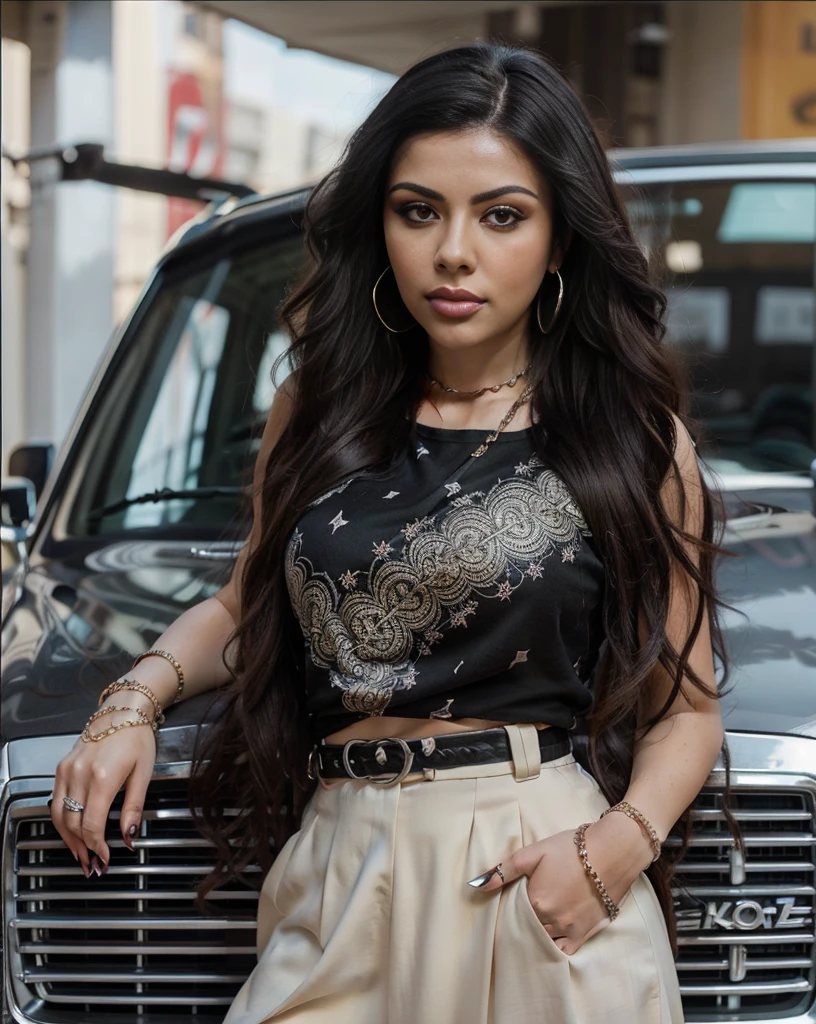a close up of a woman with long hair standing next to a car, beautiful mexican woman, lowrider style, gorgeous latina face, badass look, swagger! lowrider culture, her black hair is a long curly, wearing a bandana and chain, long curvy black hair, portait of haifa wehbe, attractive girl, scene beautiful, bandana, gorgeous woman