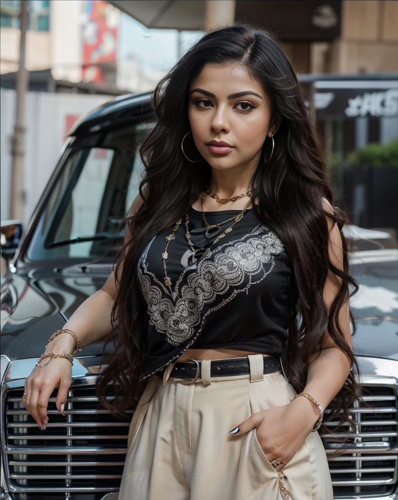 a close up of a woman with long hair standing next to a car, beautiful mexican woman, lowrider style, gorgeous latina face, badass look, swagger! lowrider culture, her black hair is a long curly, wearing a bandana and chain, long curvy black hair, portait of haifa wehbe, attractive girl, scene beautiful, bandana, gorgeous woman