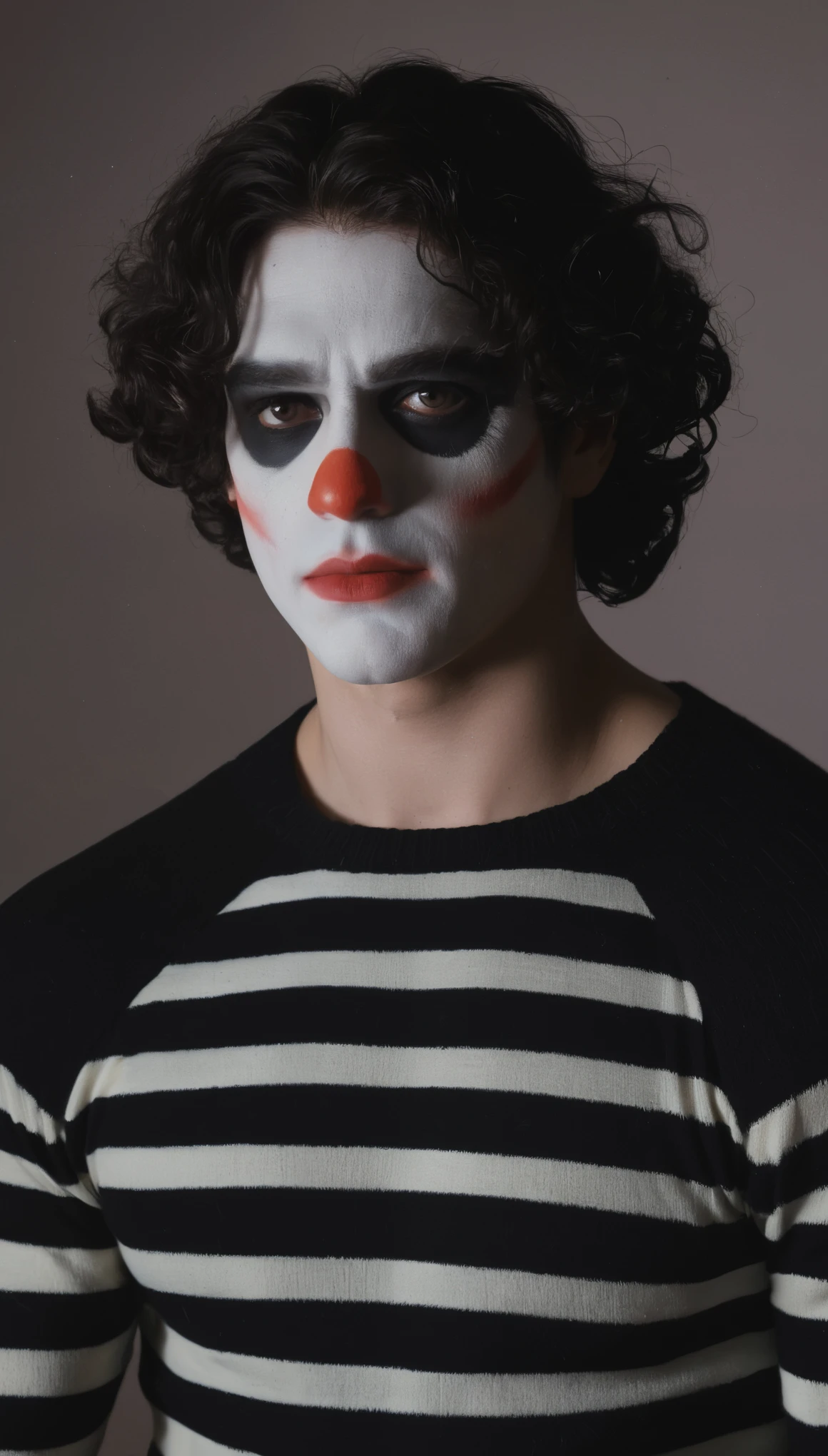 A movie poster, full color, a supervillain man, 28 years-old, wearing a black and white striped sweater and sad mime makeup, stocky, soft doughy physique, deep brown eyes, wide bulbous nose, full lips, black hair, curly hair, thick bushy eyebrows, extremely hairy chest, stomach, and arms, lots of body hair, posing on a neon-lit rooftop, hard shadows, RAW photograph, cinematic shot, masterpiece