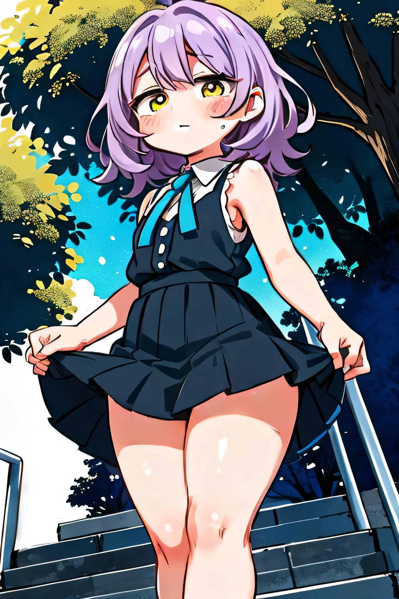 ultra high resolution, Super detailed, highest quality, perfect hands, Super cute, super beautiful, (((Single shot))), ((((Very large tree eyes)))), ((stare at me with big eyes)), ((shining yellow eyes)), ((cheek bulge)), chubby face, (((light purple messy hair))), ((Medium short wavy hair)), thick and short eyebrows, ((Wear a sleeveless blouse and a black checked skirt)), Dynamic Dynamic Poses, introverted personality, (((Flustered expression)))､ ((((thighs!!!!!!)))), (((thick legs))), ((Emphasis calf)), A bright light shines, Stairs on the footbridge, Perspective looking up from below, ((turn around from behind))