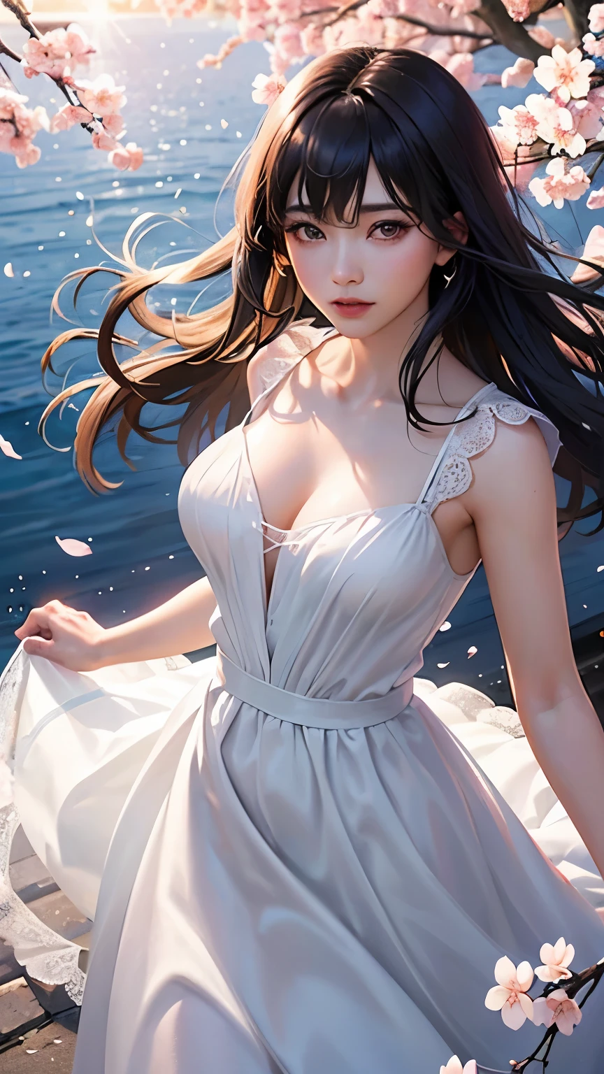 (logo、masterpiece、8K、table top、Raw photo、wonderful、最high quality、フォトリアリスティックでvery detailedな CG 統合 8k 壁紙、high quality、very detailed、Narrative poem、particle effects、dynamic effects、written boundary depth、cinematic light、Lens flare、ray tracing)、fantasy、 (1 beautiful woman、dress、dress、cherry blossom pattern、black haired、beautiful face、real face、beautiful details eyes beautiful skin)、髪がWindで踊る、Hair flutters in Wind、hair bounces、Pink cherry blossom tree、Dancing petals、SakuraFubuki、wonderful景色、sunrise、Sun in the background、Wind