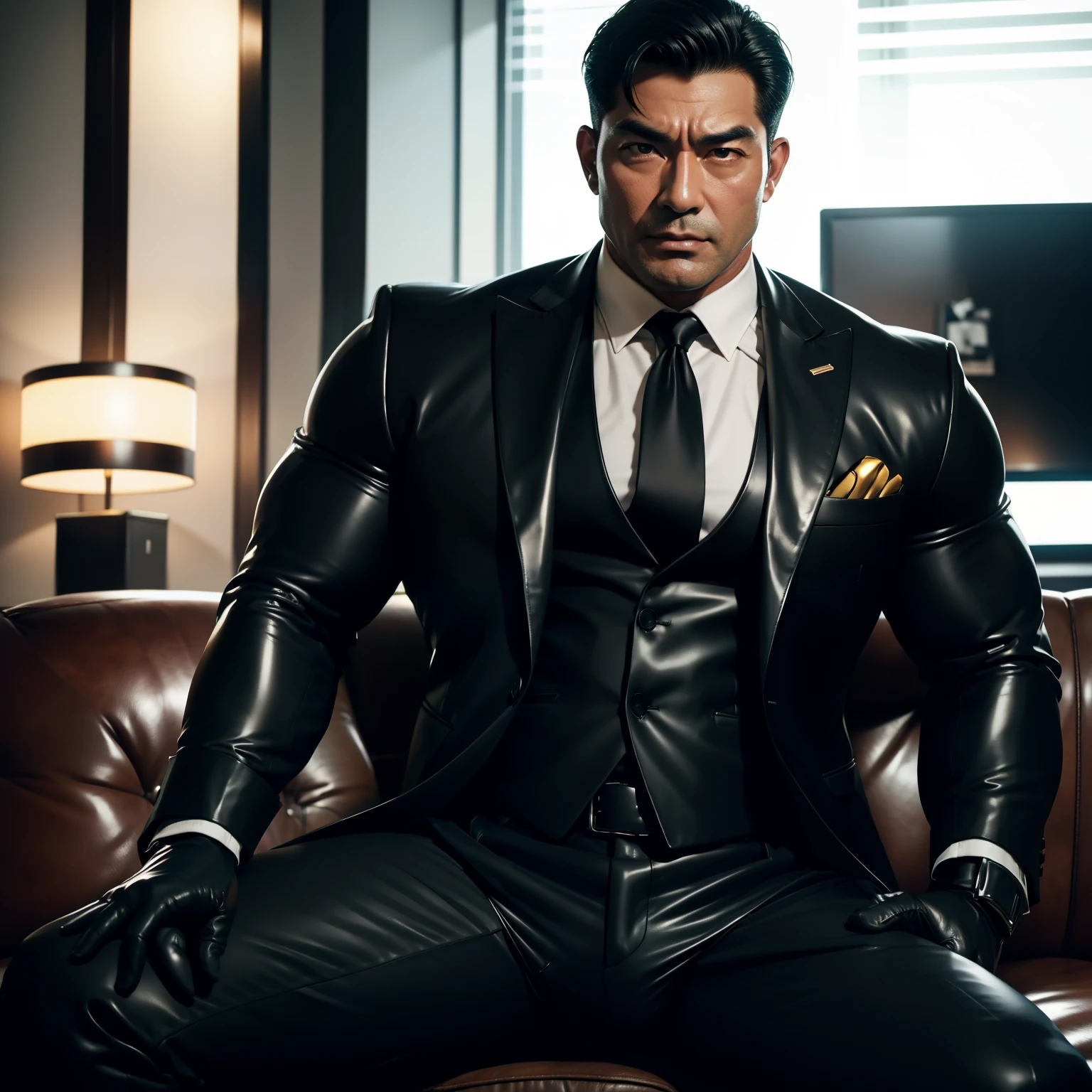 30 years old,daddy,"shiny suit ",Dad sat on sofa,k hd,in the office,"big muscle", gay ,black hair,asia face,masculine,strong man,the boss is,handsome,,leather gloves,lecherous dad,look straight ahead,dad is handsome,dad is handsome ,dad is "horny dad"