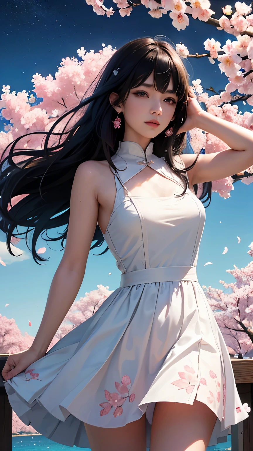 (logo、masterpiece、8K、table top、Raw photo、wonderful、最high quality、フォトリアリスティックでvery detailedな CG 統合 8k 壁紙、high quality、very detailed、Narrative poem、particle effects、dynamic effects、written boundary depth、cinematic light、Lens flare、ray tracing)、fantasy、 (1 beautiful woman、dress、dress、cherry blossom pattern、black haired、beautiful face、real face、beautiful details eyes beautiful skin)、髪がWindで踊る、Hair flutters in Wind、hair bounces、Pink cherry blossom tree、Dancing petals、SakuraFubuki、wonderful景色、sunrise、Sun in the background、Wind