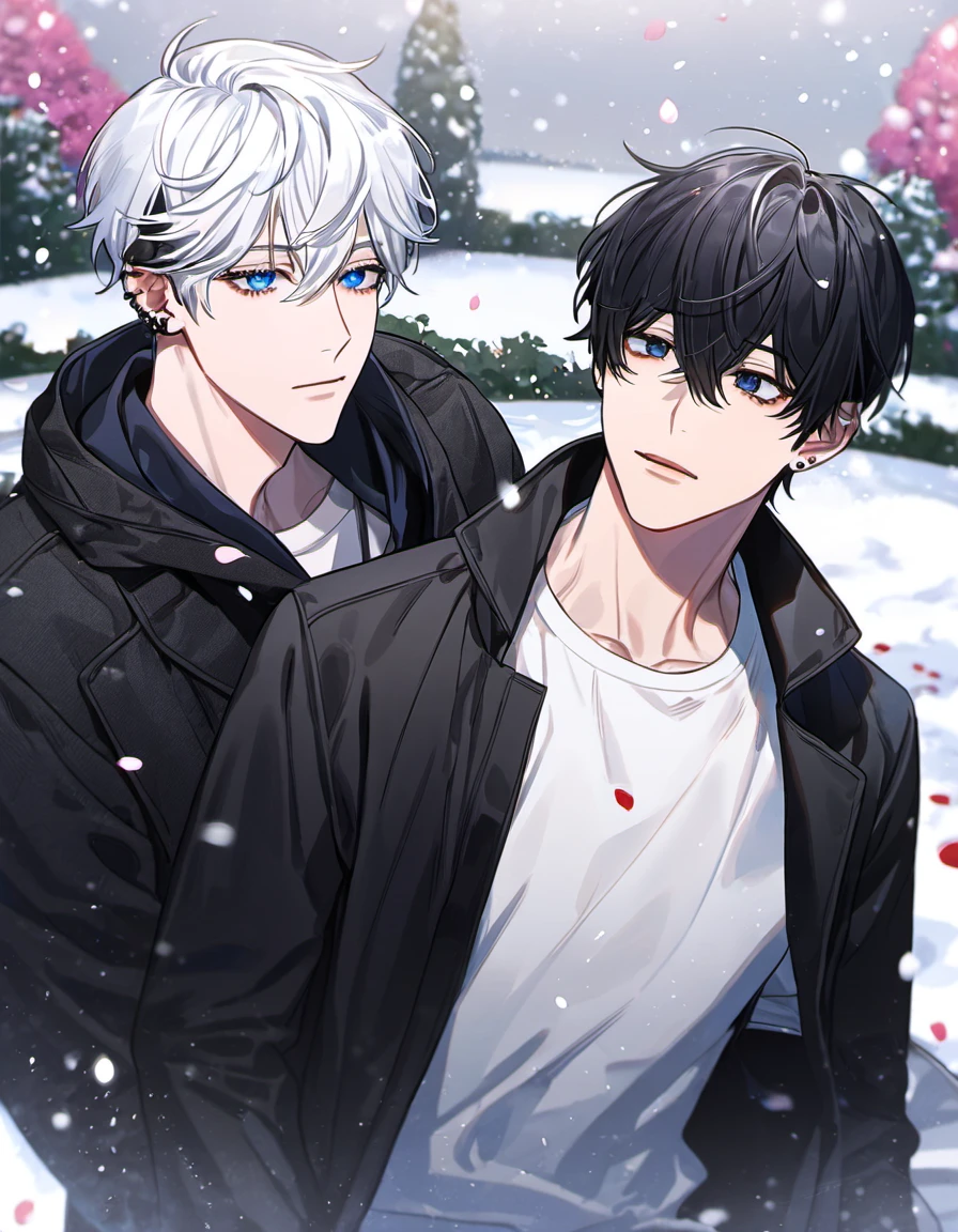 absurdres, highres, ultra detailed, HDR, master piece, best quality, Kang Woojin, black messy hair, expressive dark blue eyes, ear piercings, Gojo Satoru, white hair, hair between the eyes, white eyelashes, expressive blue eyes, Love Jinx, 2men together, gay couple, handsome, black coat, white shirt, petals, garden, snow, snowflakes, snowing
