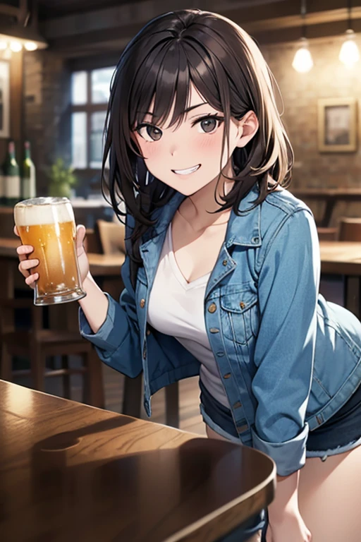 (leaning forward),Masterpiece, High resolution, High-definition CG Unity 8K,Beautiful and detailed face, detailed hair texture, beautiful face,(1 girl),(black eyes),small breasts, (very short messy brown hair), at night:1.2,grinning eyes,grin,anguish,break,(smug:1.1),(at the pub table), (having alcohol),(POV),(Denim Jacket),shorts,