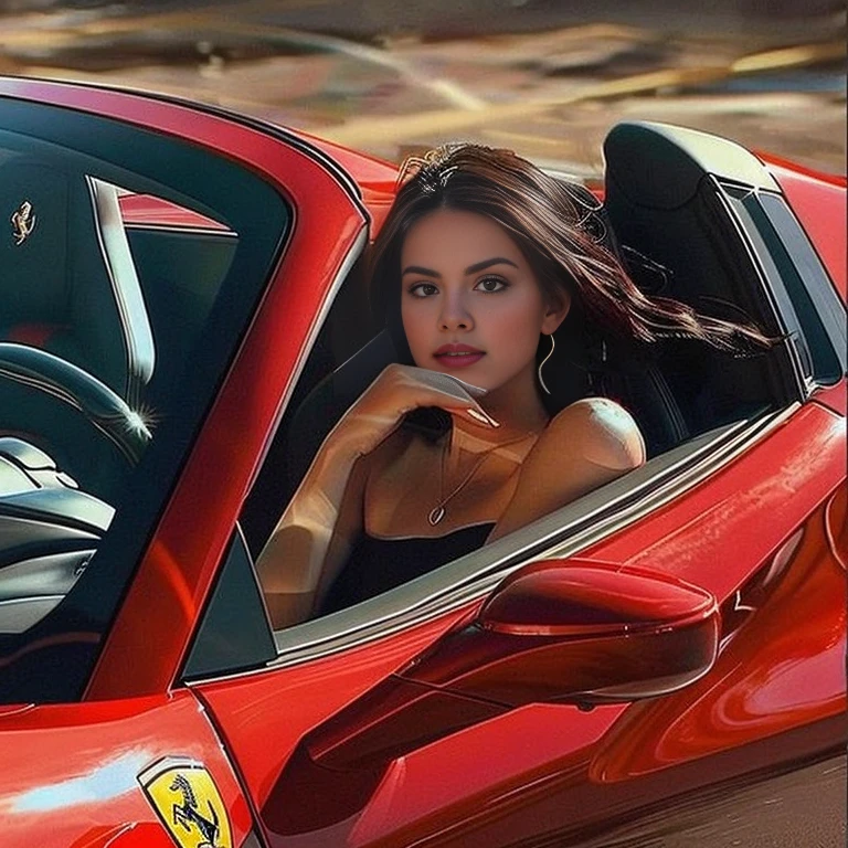 ผู้หญิงอาราฟเฟนั่งอยู่ในsports carสีแดงโดยเอามือแตะที่คาง, car pictures, gorgeous woman, luxurious lifestyle, Horse Riding Training, sitting in her car, Rich women, red car, sports car, sports car, Anna Nikonova, realistic art, amazing woman, Soft Devil Queen Madison Beer, Super realistic drawing style