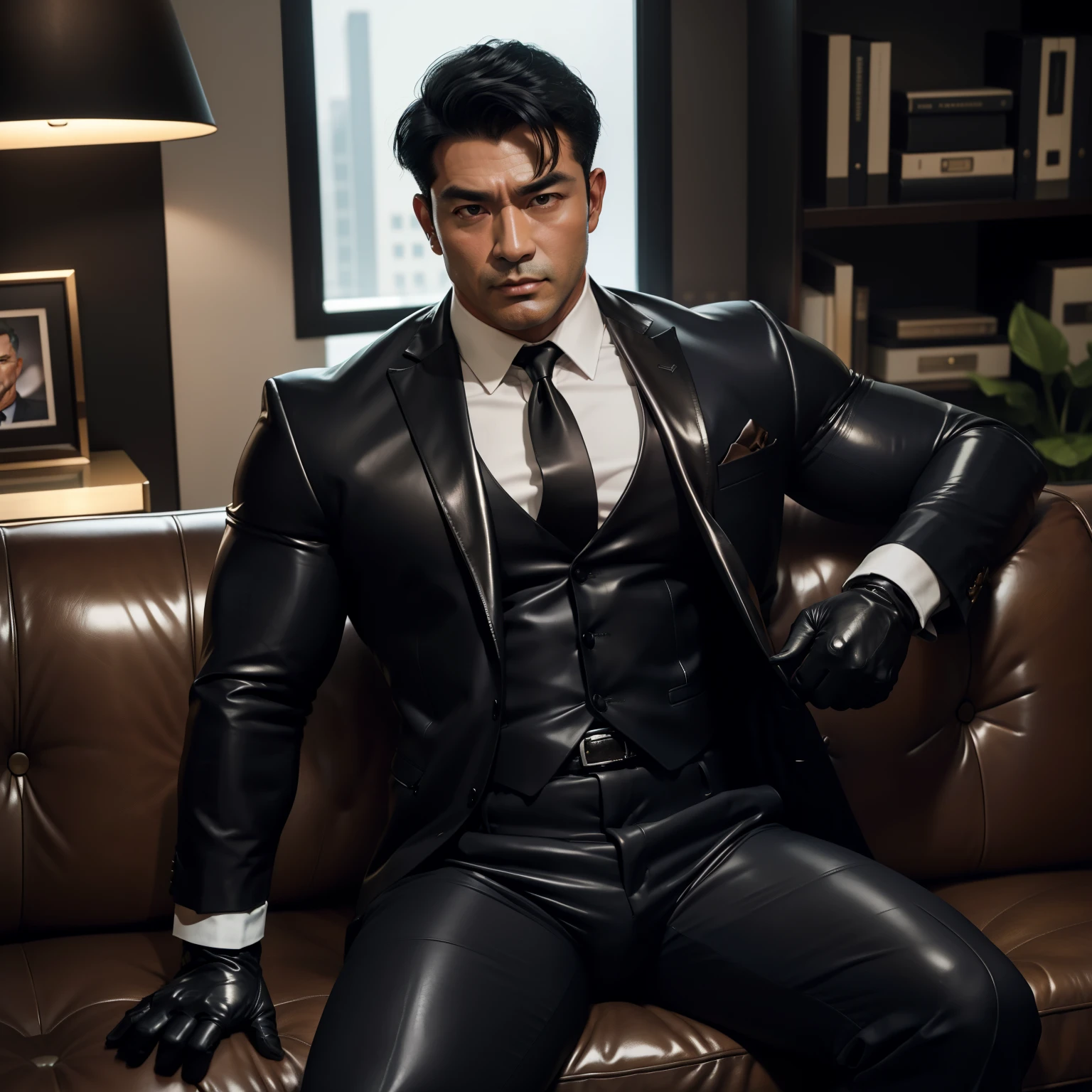 30 years old,daddy,"shiny suit ",Dad sat on sofa,k hd,in the office,"big muscle", gay ,black hair,asia face,masculine,strong man,the boss is,handsome,,leather gloves,lecherous dad,look straight ahead,dad is handsome,dad is handsome ,dad is "horny dad"
