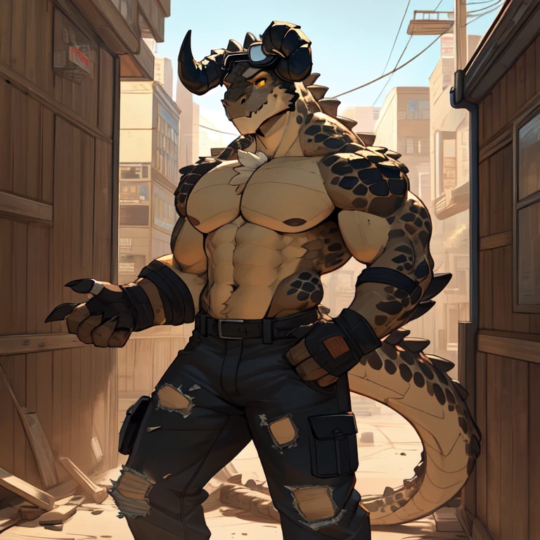Tall_lanky_muscular_deathclaw male dark_beige_scaled_body spotted_scales yellow_eyes solo Masterpiece best_quality absurdres highly_detailed cleanly_drawn_eyes anthro_only by_claweddrip, by_greasymojo, by_underscore-b, by_runawaystride ripped_cargo_pants ripped_leather_duster fingerless_gloves goggles destroyed_building heavy_dust_storm shirtless