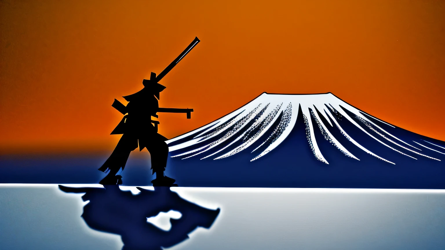 Silhouette of a samurai with a sword on his waist、Fuji Mountain、Ultra-wide angle view