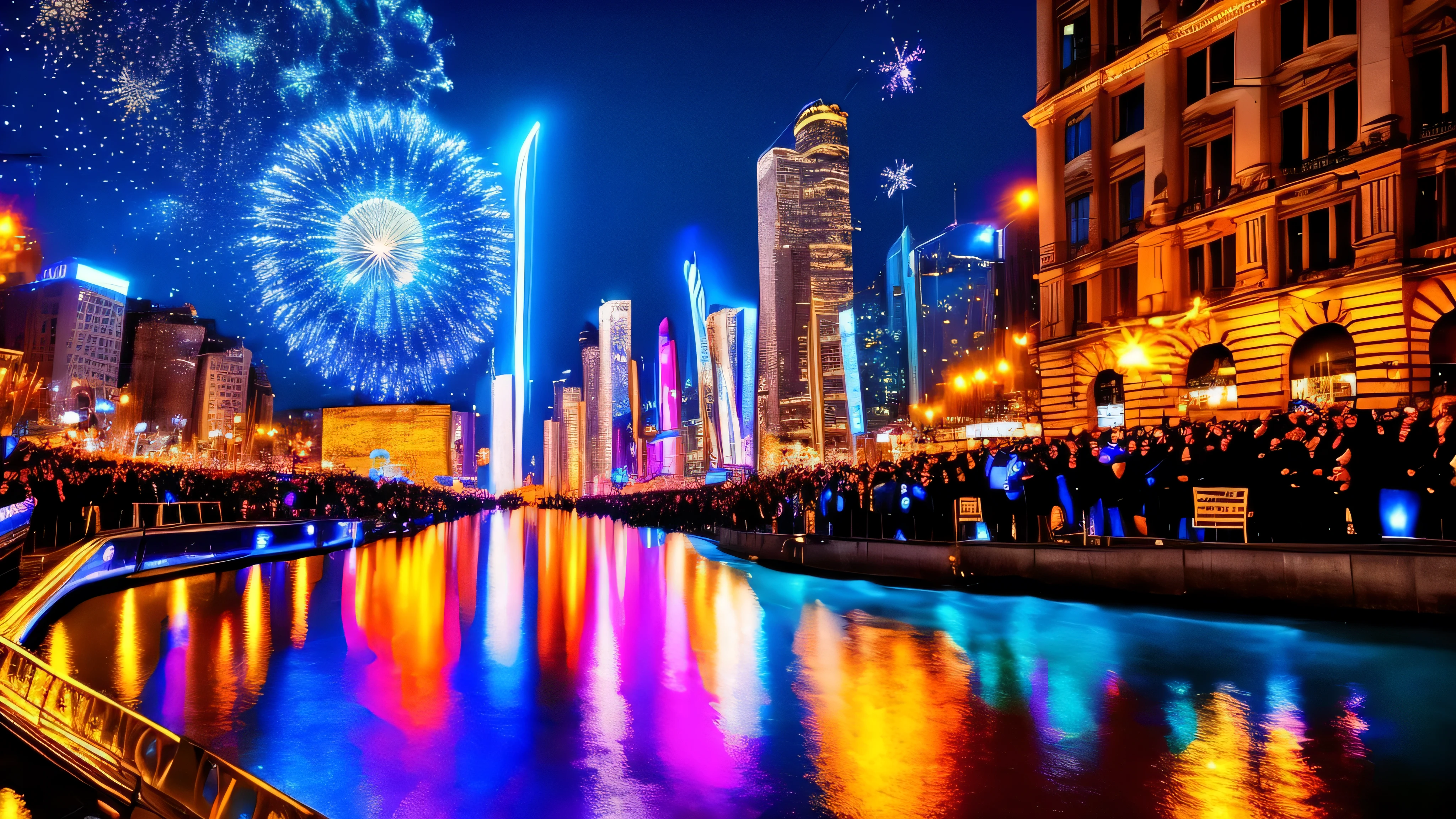 (best quality,4k,8k,highres,masterpiece:1.2),ultra-detailed,(realistic,photorealistic,photo-realistic:1.37),blue and gold abstract background,bokeh,new year's eve,cityscape,glowing lights,sparkling fireworks,vibrant colors,shimmering atmosphere,celebratory mood,reflections on buildings,people cheering and clapping,happy faces,enchanting night scene,skyscrapers reaching for the sky,majestic skyline,reflection of city lights on water,spectacular display of light and color,electric atmosphere,dynamic energy,streets lit up with colorful lights,dazzling fireworks bursting in the sky,joyful anticipation,hope for a new beginning,nighttime excitement,thousands of people gathered,city alive with festivities,I can almost hear the laughter and cheers,shimmering stars above,promising a bright future,positive energy radiating from the crowd,unity and togetherness,new year's resolutions in the air,unforgettable moment shared by all,mesmerizing display of celebration,lively music in the background,street performers spreading joy,streets filled with food vendors and carnival rides,happy memories being made,blue and gold color palette,creating a sense of luxury and elegance,illuminating the city with warmth and joy,illustrious fireworks painting the sky,a breathtaking sight to behold.