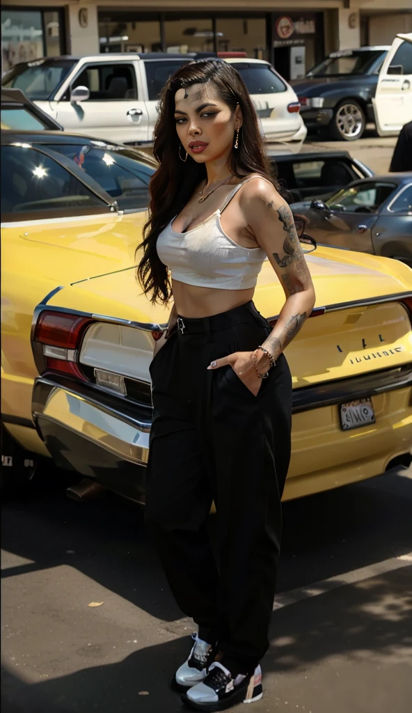 araffe woman standing in front of a car in a parking lot, standing in front of lowrider, swagger! lowrider culture, lowrider style, lorena avarez, portait of haifa wehbe, rockabilly style, taken in the early 2020s, selena quintanilla perez, mid body shot, taken in 2 0 2 0
