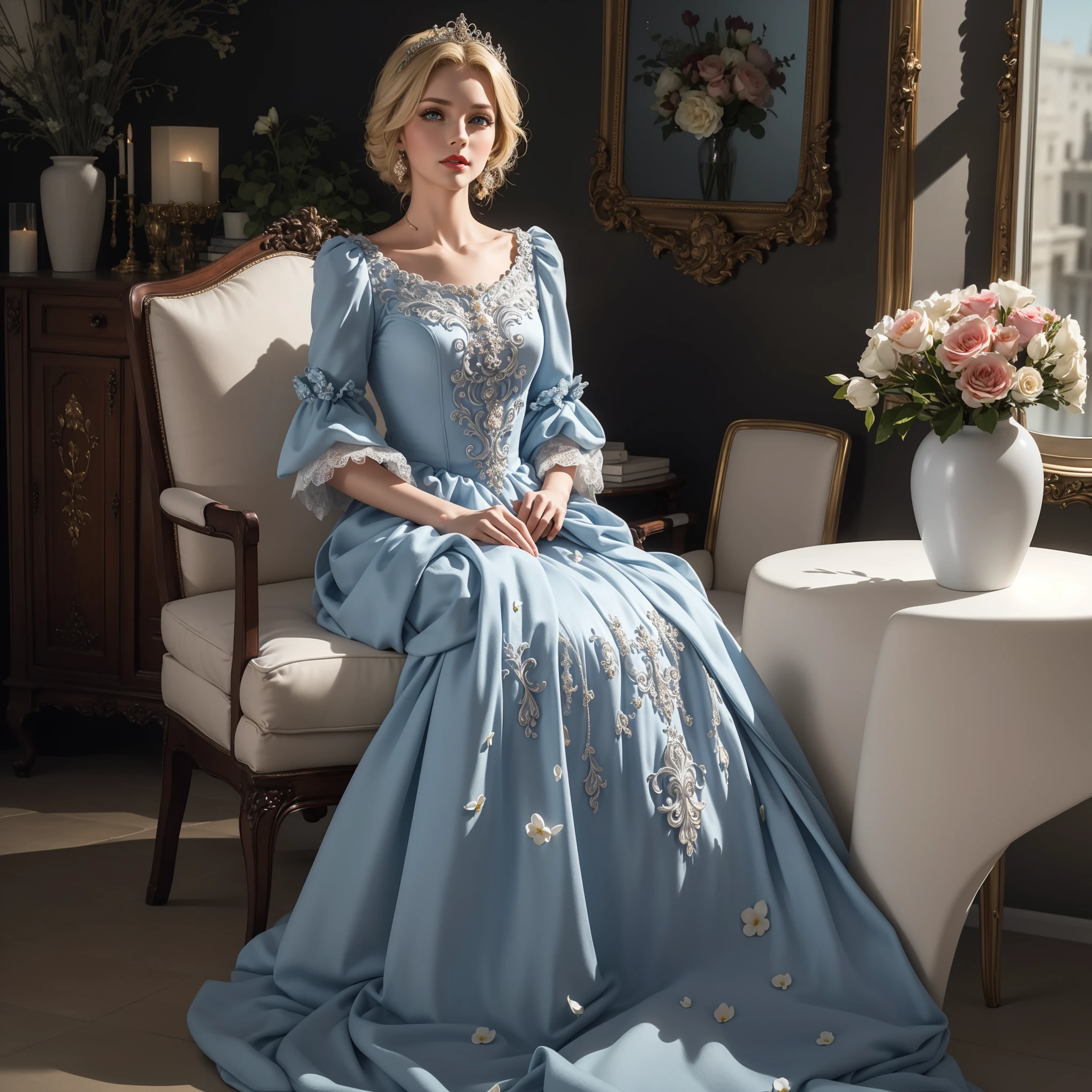 (ornate white european style princess dress:1.2),(long sleeves),flower necklace,1 girl,whole body,(long hair:1.1), (realistic:1.7),((Best quality)),absurdity,(ultra high resolution),(photorealistic:1.6),photorealistic,Octane render,(hyperrealistic:1.2), (photorealistic face:1.2), (8 k), (4K), (masterpiece),(realistic skin texture), (illustration, cinematic lighting,wallpaper),( beautiful eyes:1.2),((((perfect face)))),(Cute),(sitting on an ornate chair),(blonde hair),Blue eyes,Red lips, (in room),(in a palace),(a vase),(Flowers),(decorations),