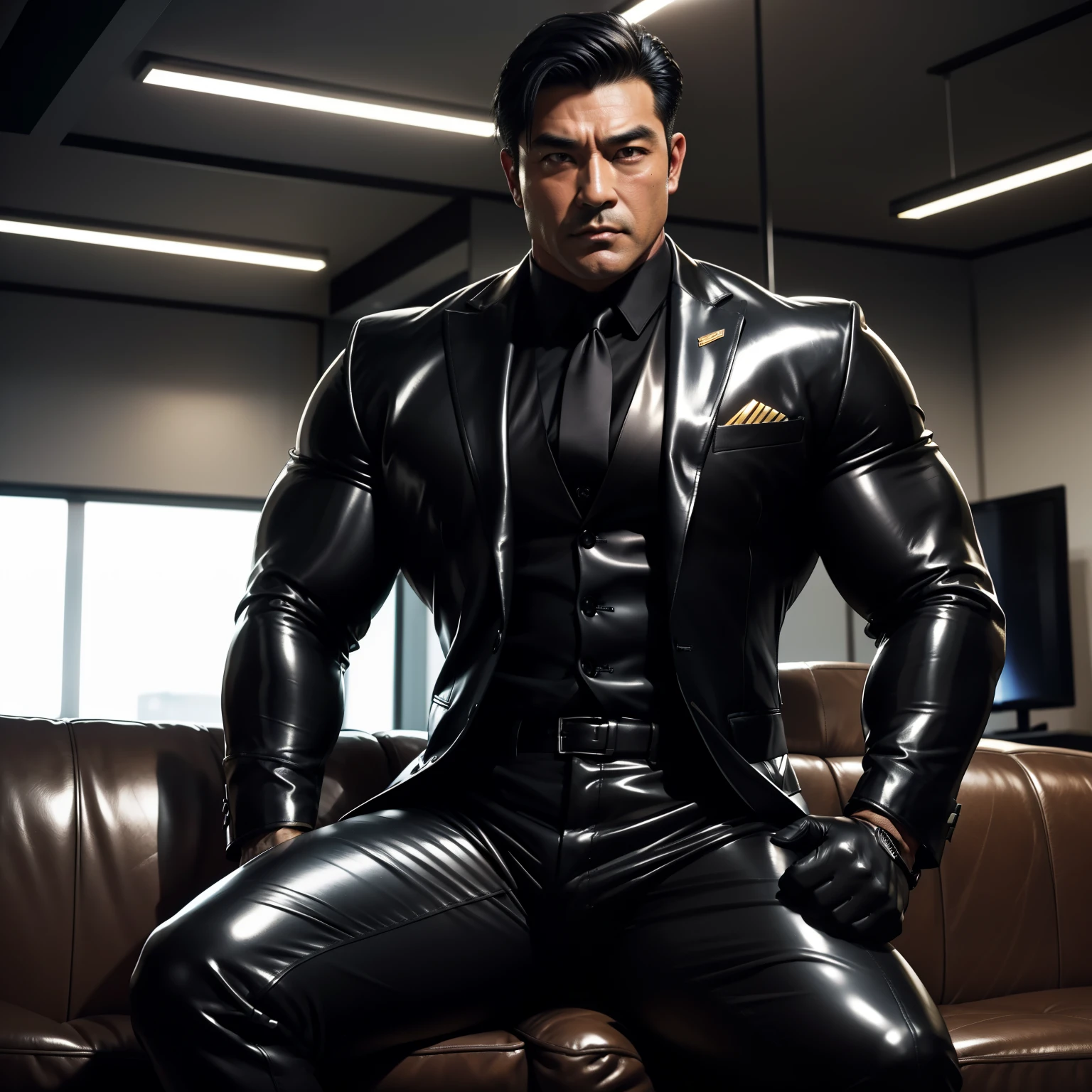 30 years old,daddy,"shiny suit ",Dad sat on sofa,k hd,in the office,"big muscle", gay ,black hair,asia face,masculine,strong man,the boss is,handsome,,leather gloves,lecherous dad,look straight ahead,dad is handsome,dad is handsome ,dad is "horny dad"