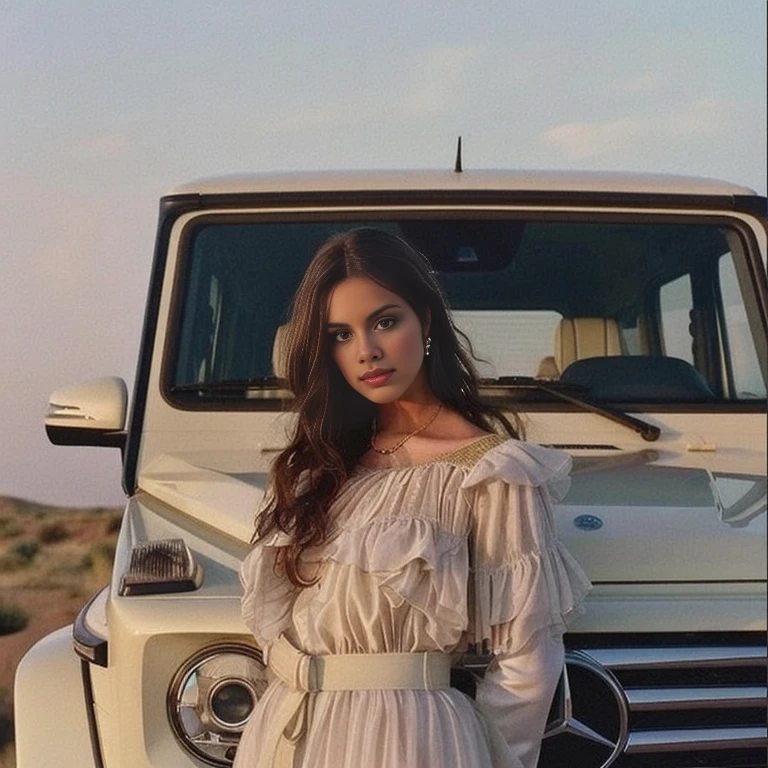 An Araffe woman in a white dress stands next to a white car., sitting in her car, By Emma Andijewska, shot in golden hour, album cover, Single shot, official artwork, Julia Rasumova's style, Hailee Steinfeld, in golden hour, gorgeous woman, taken in golden hour, LV, portrait of barbara paLVin