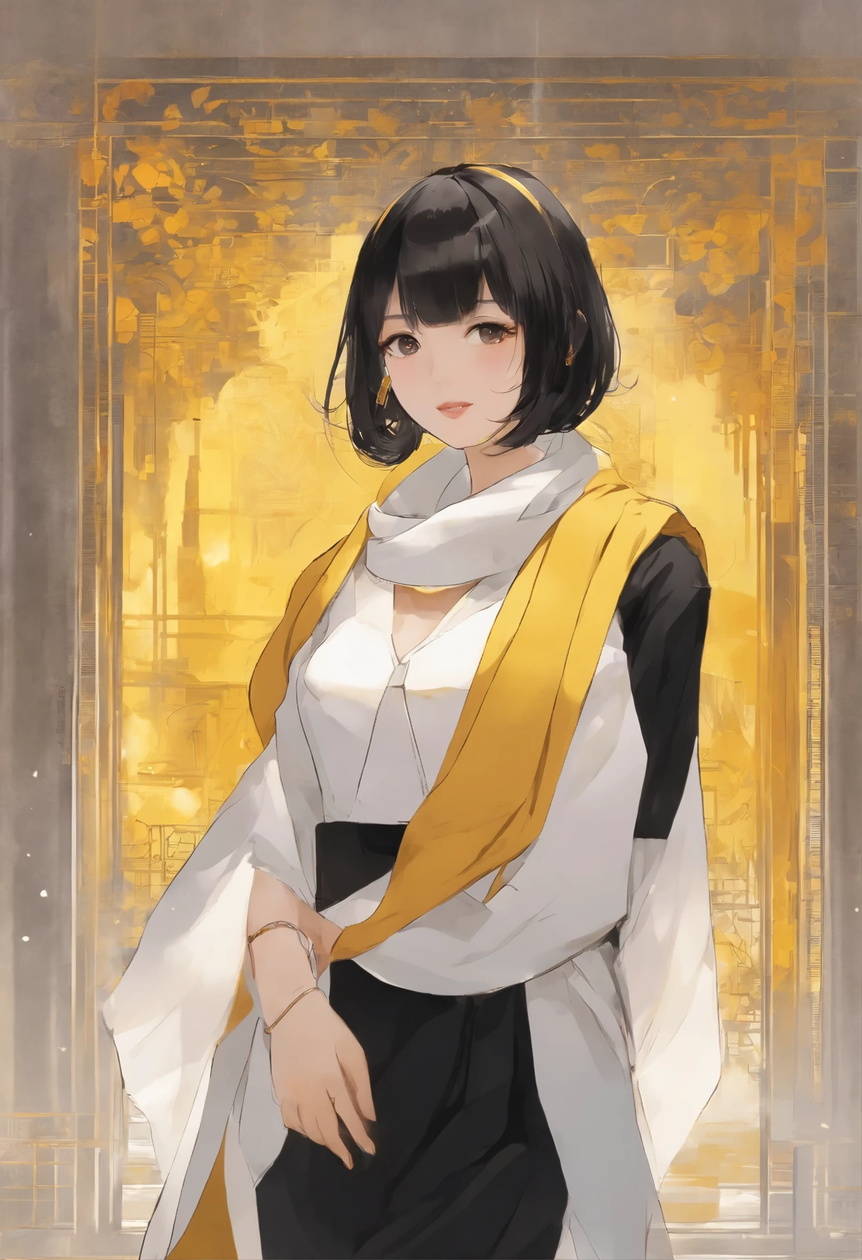 A girl with short black hair, tan skin, and bright golden eyes, wearing black clothes and a yellow scarf, gold hoop earrings (best quality, realistic:1.37), medium:illustration, ultra-detailed, vivid colors, portraits, warm color palette, soft lighting