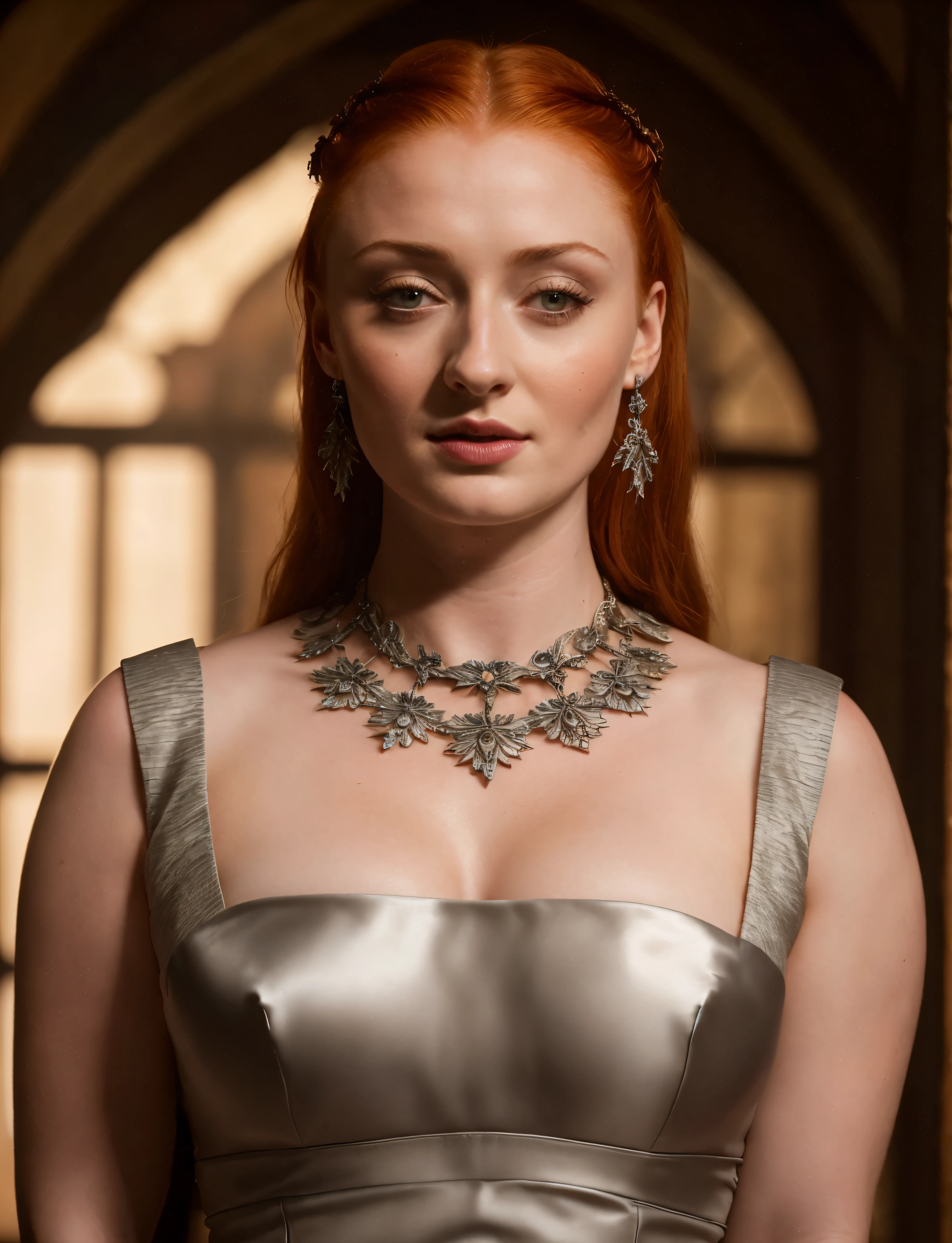 Face of Sophie Turner, Sansa Stark played by Sophie Turner, the de facto Lady of the Eyrie, is a 40-year-old mature queen with a stunning, alluring appearance. Full Face, pierced eyes, reddish lips, upper body shot, erotic Mediaeval costumes, game of thrones costumes, She wears a Game of Thrones-inspired costume and has a deep cleavage, a perfect thick body, and a perfect thick figure. The photograph captures her in a close-up, with her skin texture and facial features being ultra-realistic and realistic. Juicy thick figure, high quality skin, Skin pores, amazing details, 