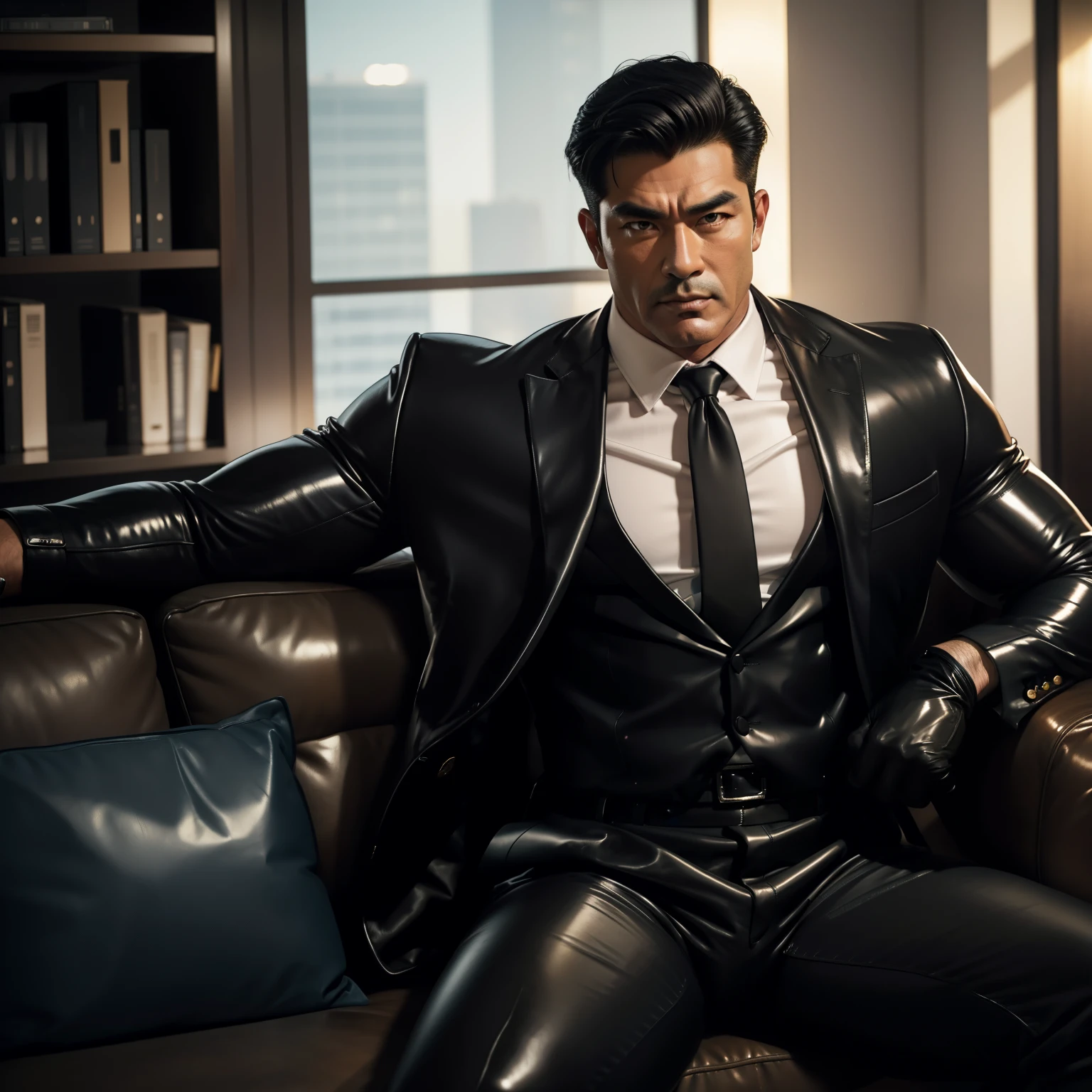 30 years old,daddy,"shiny suit ",Dad sat on sofa,k hd,in the office,"big muscle", gay ,black hair,asia face,masculine,strong man,the boss is,handsome,,leather gloves,lecherous dad,look straight ahead,dad is handsome,dad is handsome ,dad is "horny dad"