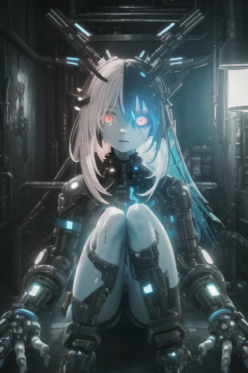 (BioPunk Girl:1.4), short mullet hairstyle, (Glowing scarlet eyes:1.2), (Translucent pale skin:1.4), No humans, Beautiful eyes with fine symmetry, bio body, (Intricate details:1.2), (Highly detailed face and eyes:1.2), (Super detailed skin quality feeling:1.4), No makeup, (dark circles:1.1), long canines, midnight aura, Creation of fantasy, Thrilling color schemes, posing sitting for a photo, CG, 3D, (Delicate images), (Highly detailed), (high resolution), (Best quality), (masterpiece)
