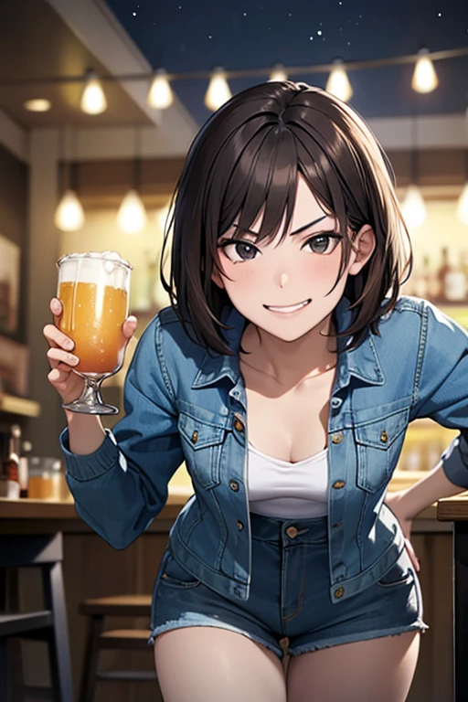 (leaning forward),Masterpiece, High resolution, High-definition CG Unity 8K,Beautiful and detailed face, detailed hair texture, beautiful face,(1 girl),(black eyes),small breasts, (very short messy brown hair), at night:1.2,grinning eyes,grin,anguish,break,(smug:1.3),(at the pub table), (having alcohol),(POV),(Denim Jacket),shorts,