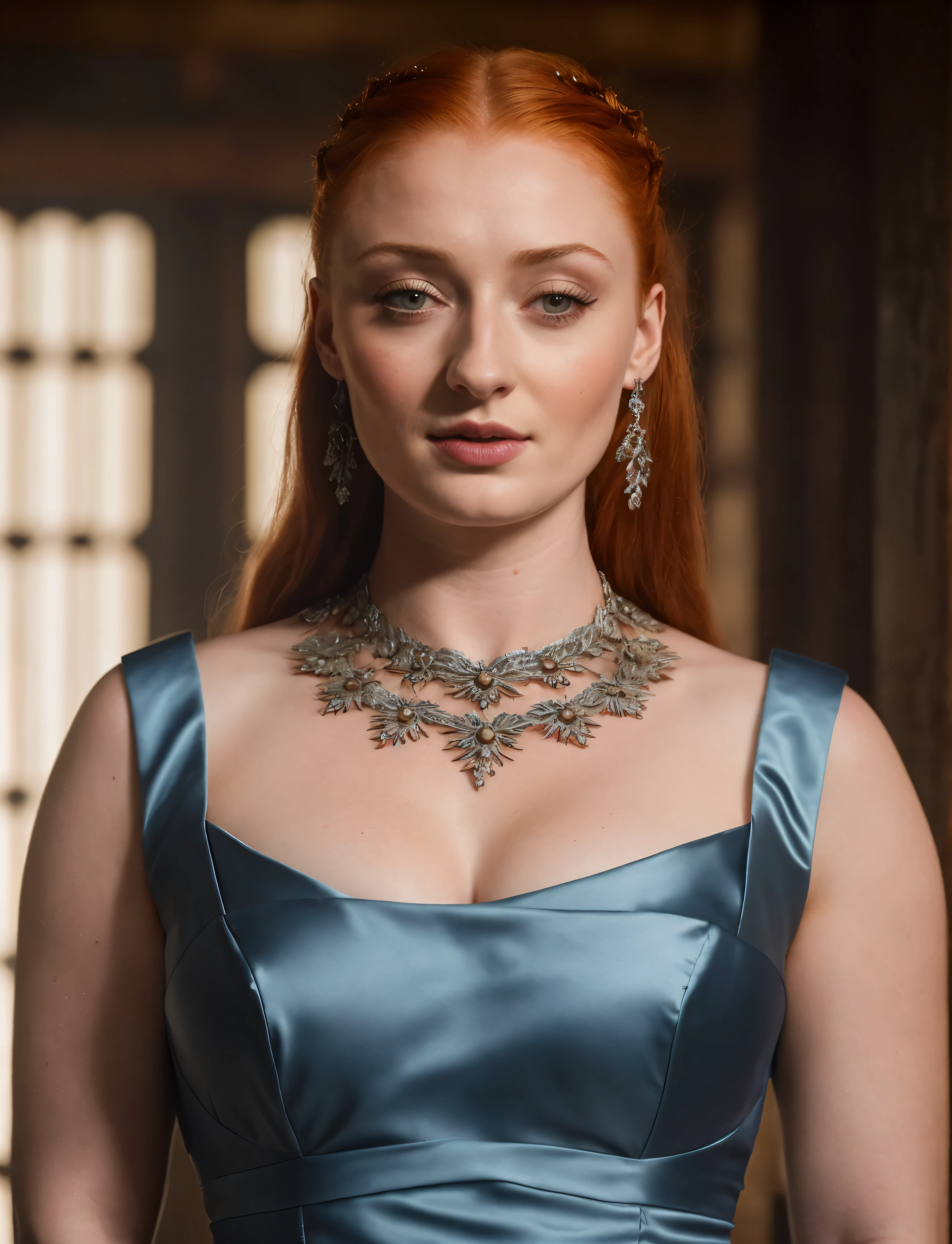 Face of Sophie Turner, Sansa Stark played by Sophie Turner, the de facto Lady of the Eyrie, is a 40-year-old mature queen with a stunning, alluring appearance. Full Face, pierced eyes, reddish lips, upper body shot, erotic Mediaeval costumes, game of thrones costumes, She wears a Game of Thrones-inspired costume and has a deep cleavage, a perfect thick body, and a perfect thick figure. The photograph captures her in a close-up, with her skin texture and facial features being ultra-realistic and realistic. Juicy thick figure, high quality skin, Skin pores, amazing details,