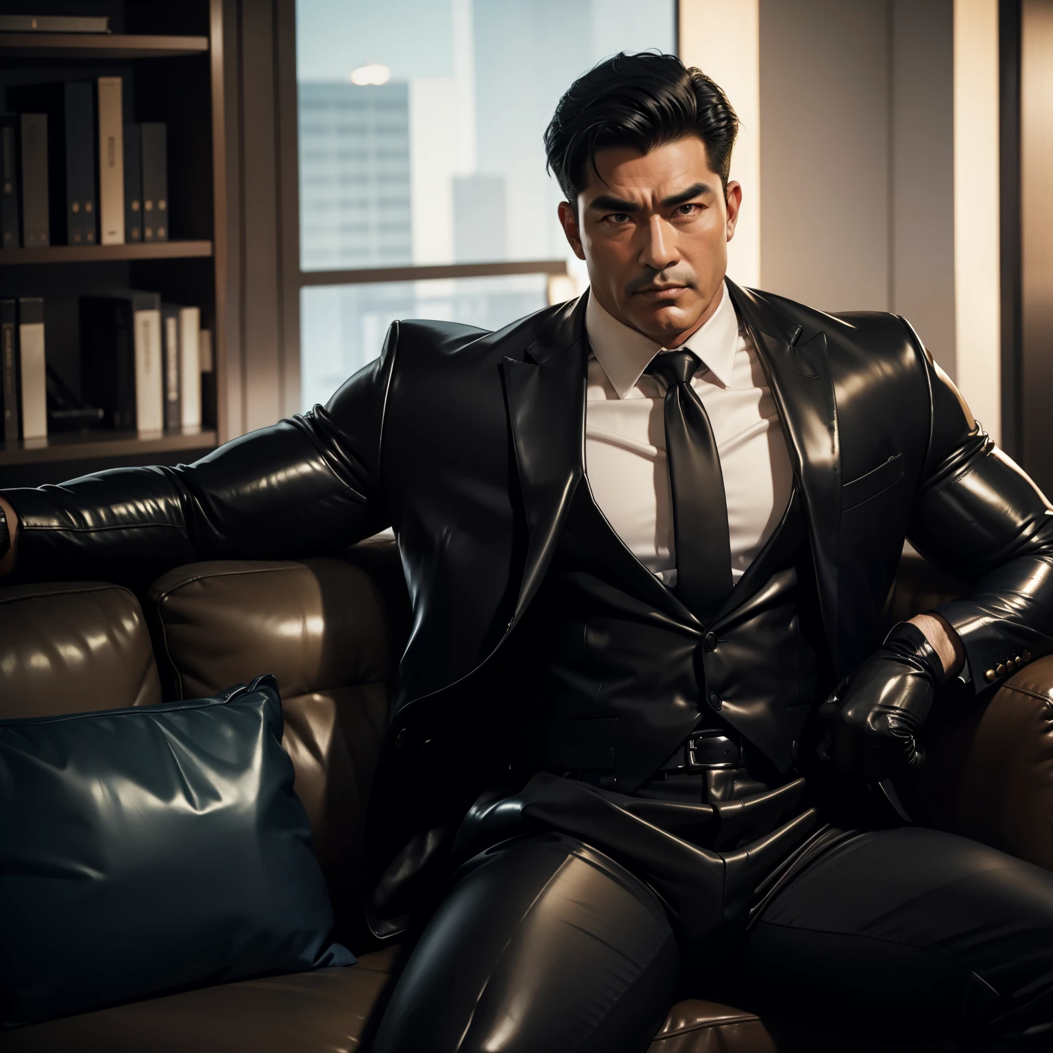 30 years old,daddy,"shiny suit ",Dad sat on sofa,k hd,in the office,"big muscle", gay ,black hair,asia face,masculine,strong man,the boss is,handsome,,leather gloves,lecherous dad,look straight ahead,dad is handsome,dad is handsome ,dad is "horny dad"