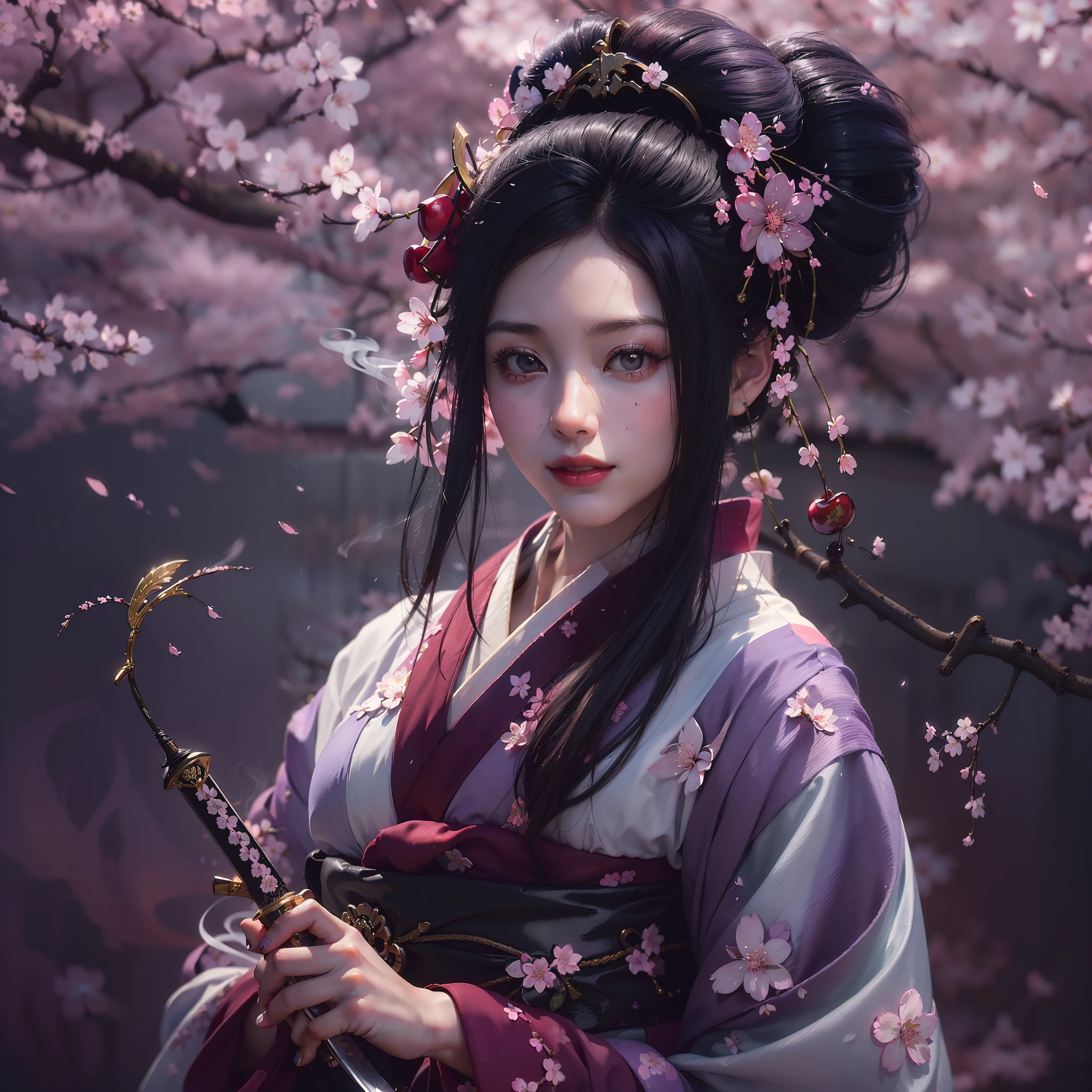 (Many award-winning masterpieces, incredibly detailed, textures and maximum detail), (hyper realistic:1.4), (realistic:1.3), (Full body image:1.9), (upper body close up:0.2), ( strangely white skin with the highest quality realistic texture), (she is holding a straight Japanese sword with a mysterious light and elegant decoration.: 1.8), (geisha warrior with sword: 1.8), (Five Perfect and Beautiful Fingers: 1.4), (Japanese folk tale about a geisha warrior: 1.8), (Beautiful long black hair blowing in the wind (Beautiful long black hair blowing in the wind:1.8), (beautiful Japanese geisha hairstyle:1.8), (her hair is decorated with many hairpins, japanese hair jewelry:1.4), (wearing a decadent and extravagant Japanese kimono.:1.8), (She has a smile on her blood-red lips:1.7), (the precise circular symmetry of her dark Japanese eyes), (Tight and stunningly beautiful face: 1.6), (Depicting an aesthetic and decadent atmosphere: 1.8), (pale, but fair skin and face: 1.6), (wearing lots of decadent and exquisitely crafted accessories: 1.8), (bioluminescent bright black eyes: 1.7), (spoiled beauty 1.8), (pair of black eyes, emitting intense black light from within: 1.7), (skin is less affected: 1.5), (strong moonlight overhead: 1.7), ((dramatic photo)), ((cinematic light)), (Full body image: 1.9), (looking up), (looking down), (dramatic pose ), (smoke effect and mesmerizing light:1.4), Beautiful white hair, beautiful silver hair, (cherry blossom tree:1.8), Wind effect, (Cherry petals falling in the wind:0.8), (lightning in the sky:0.8), Wind & Rain, (Drifting purple smoke:1.3), (dark night, Night with full moon, Crescent moon), epic realistic, Faded, ((Neutral color )), art, (HDR:1.5), (muted colors:1.2), very detailed, (art station:1.5), cinematic, warm light, lighting effects, dramatic light, (complex parts:1.1), complex background, (Greg Latkowski:0.8), (turquoise and orange:0.4)