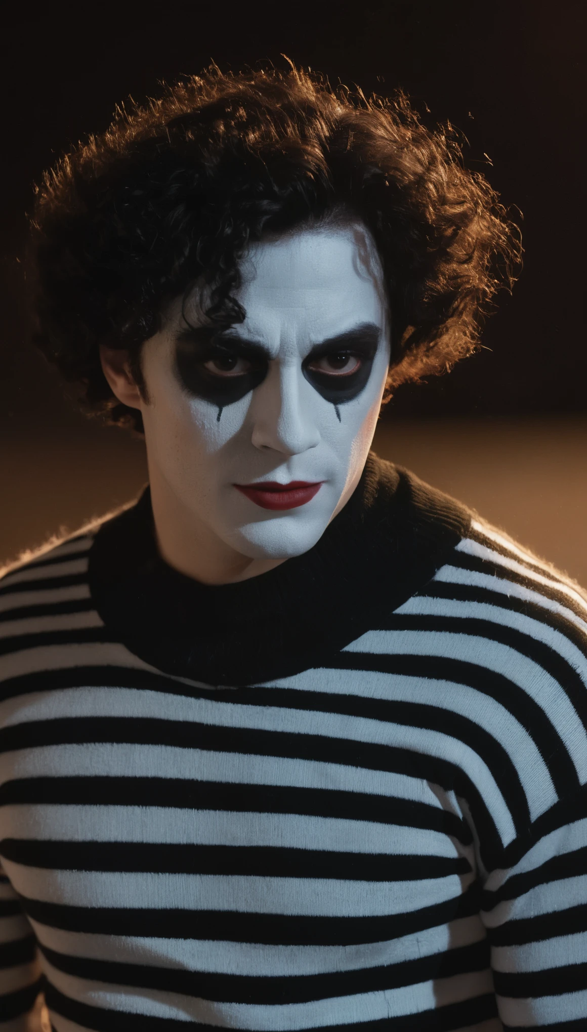 A movie poster, full color, a supervillain man, 28 years-old, wearing a black and white striped sweater and sad mime makeup, stocky, soft doughy physique, deep brown eyes, wide bulbous nose, full lips, black hair, curly hair, thick bushy eyebrows, extremely hairy chest, stomach, and arms, lots of body hair, posing on a neon-lit rooftop, hard shadows, RAW photograph, cinematic shot, masterpiece