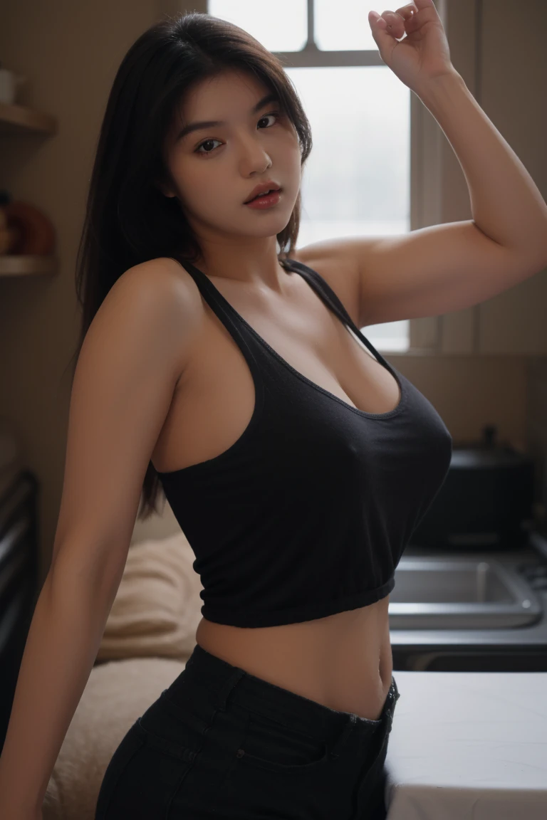Masterpiece, a beautiful woman, 1girl, solo, 30 years old, (((extra large tank top, baggy tank top, white tank top, Photographed from a side angle, My  is visible through the gap in the armpit.))), looking at viewer, big and full , (:1.2), no_, covered_,  , (perfect body), (long black hair), (long hairstyle), (( pose, Realistic proportions, Good .)), (best detailed skins, skin texture:1.1), (background at the kitchen), super detailed, best quality, ultra high res, Raw photo, Nikon D850, backlight, rim light, film grain:1.2, (warm hue, warm tone:1.2), (color photo), (realistic,Hyper-realistic:1.37), 16K HD, INFO, ((cowboy shot)).