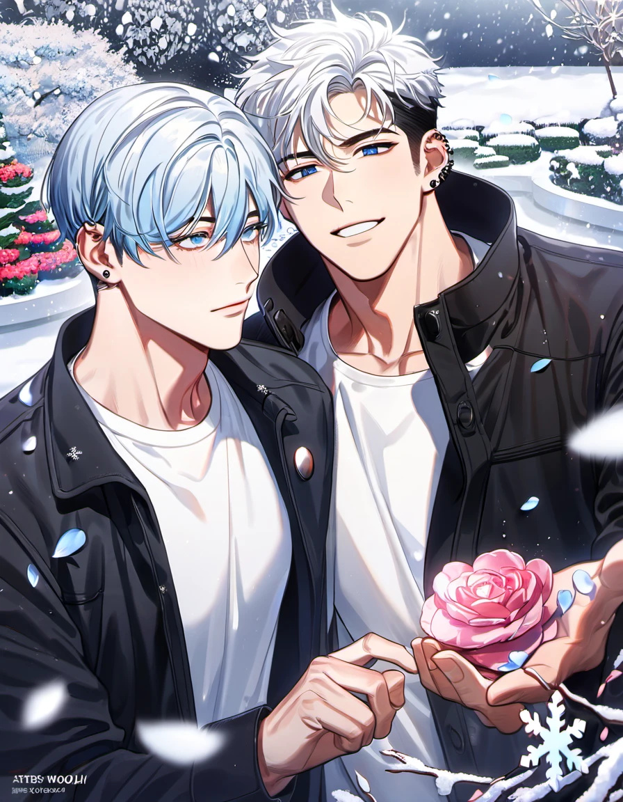 absurdres, highres, ultra detailed, HDR, master piece, best quality, Kang Woojin, black messy hair, expressive dark blue eyes, ear piercings, Gojo Satoru, white hair, expressive light blue eyes, Love Jinx, 2men together, gay couple, handsome, black coat, white shirt, petals, garden, snow, snowflakes, snowing
