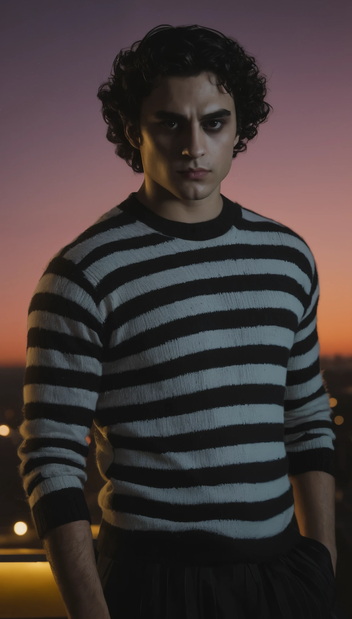 A movie poster, full color, a supervillain man, 28 years-old, wearing a black and white striped sweater and crow makeup, stocky, soft doughy physique, deep brown eyes, wide bulbous nose, full lips, black hair, curly hair, thick bushy eyebrows, extremely hairy chest, stomach, and arms, lots of body hair, posing on a neon-lit rooftop, hard shadows, RAW photograph, cinematic shot, masterpiece