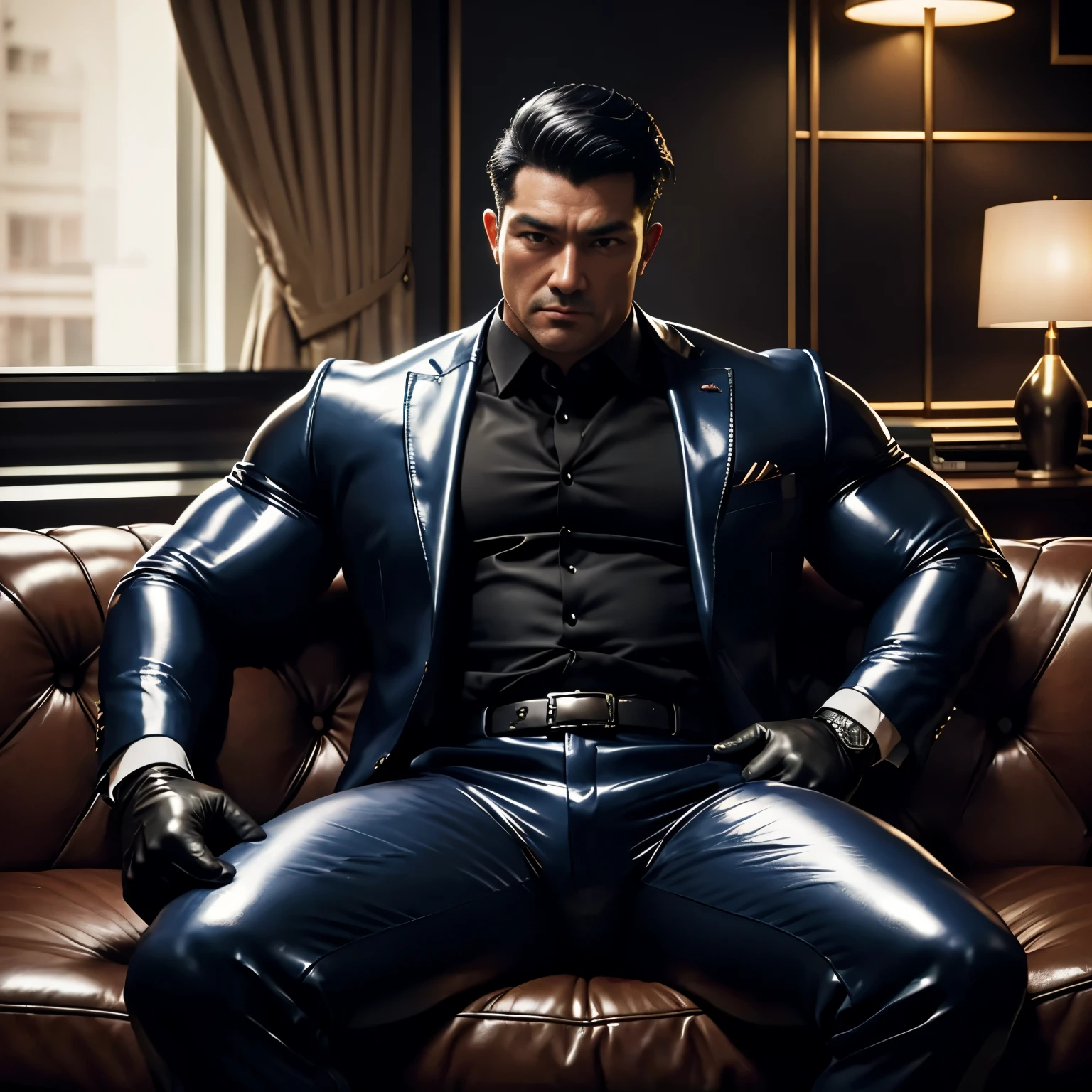 30 years old,daddy,"shiny suit ",Dad sat on sofa,k hd,in the office,"big muscle", gay ,black hair,asia face,masculine,strong man,the boss is,handsome,,leather gloves,lecherous dad,look straight ahead,dad is handsome,dad is handsome ,dad is "horny dad"