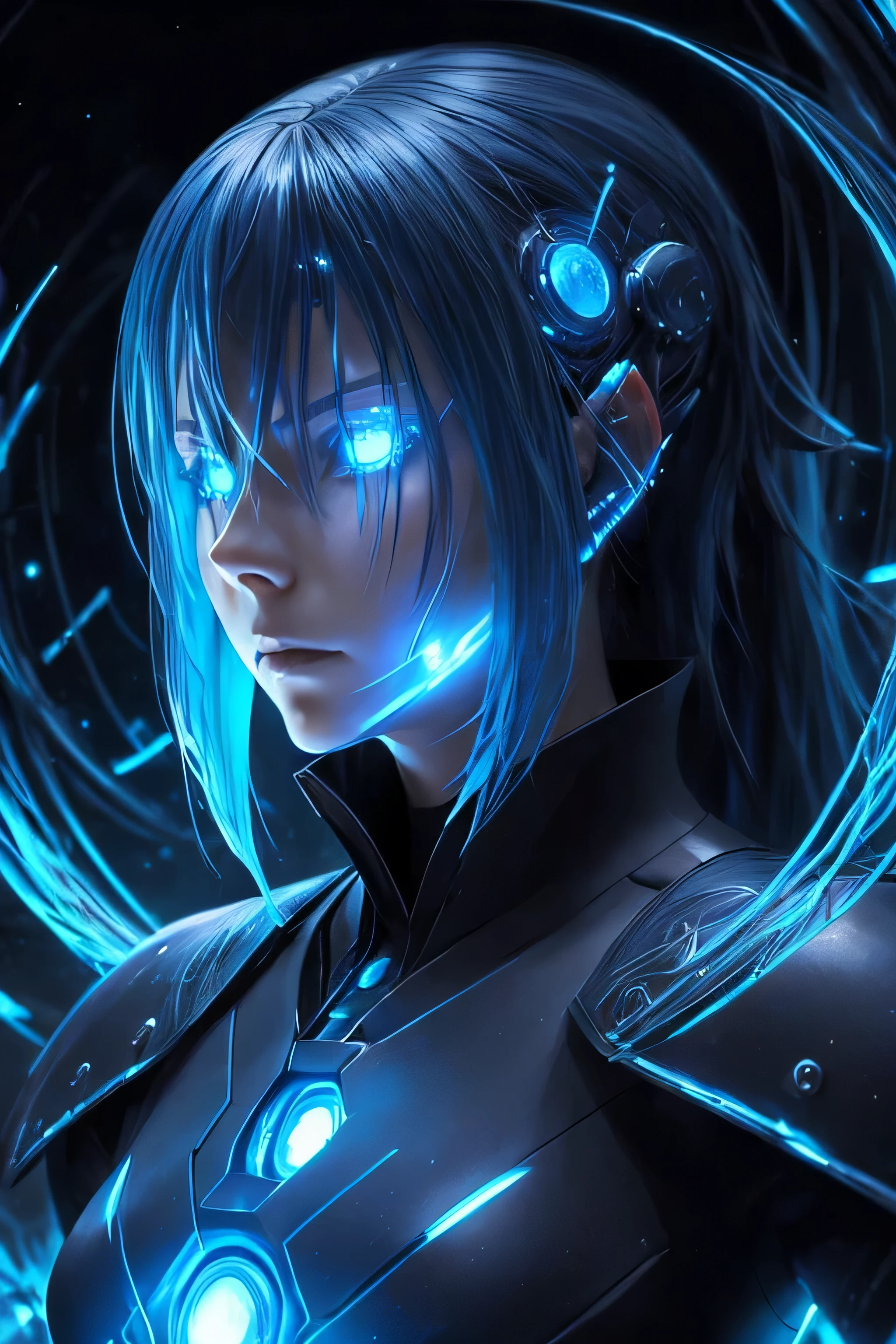imagen oscura de Rimuru Tempest, serious expression, Cyber Daemon, piel de porcelana, Cybernetic body parts, el cabello es celeste, los ojos son de robot, detailed fantasy art, postura de lucha