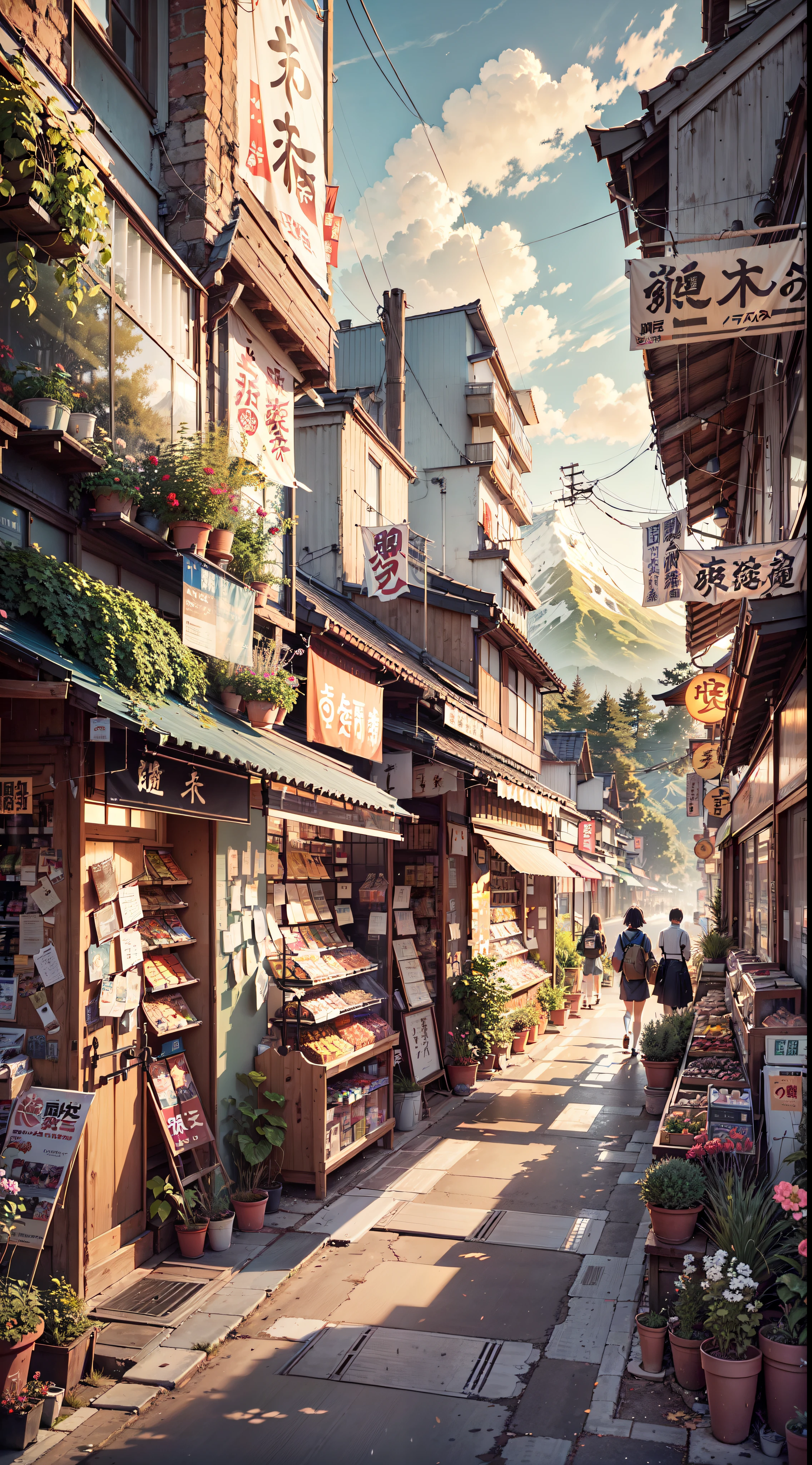anime background, anime wallpaper, anime, anime style, lofi, lofi style, modern japanese street, mountains, uphill, modern japanese architecture, japanese convenience store, big retro japanese shop signs, retro japanese store, trees, plants, rocks, plant pots, shop signs, japanese banners, japanese signs, flags, sunrise, golden hour, golden lighting, empty street, no one in sight, (no one: 1), best quality