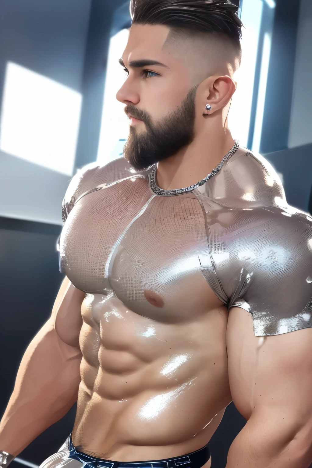 (mid_shot:1.3),(1 male:1.2),(muscle man:1.1),(frontal illumination:1.2),with a silver body and glitters with lights above,extreme iridescent reflection,in the style of vray tracing,vibrantmanga,shiny/ glossy,rococo pastel,fluid form,tinycore,fluid impressions,vray,machine aesthetics,yanjun cheng,silver,shiny eyes,fluidform.,the young warrior,male characteristics, detailed bulge, vpl, beard, bulge, nice bulge