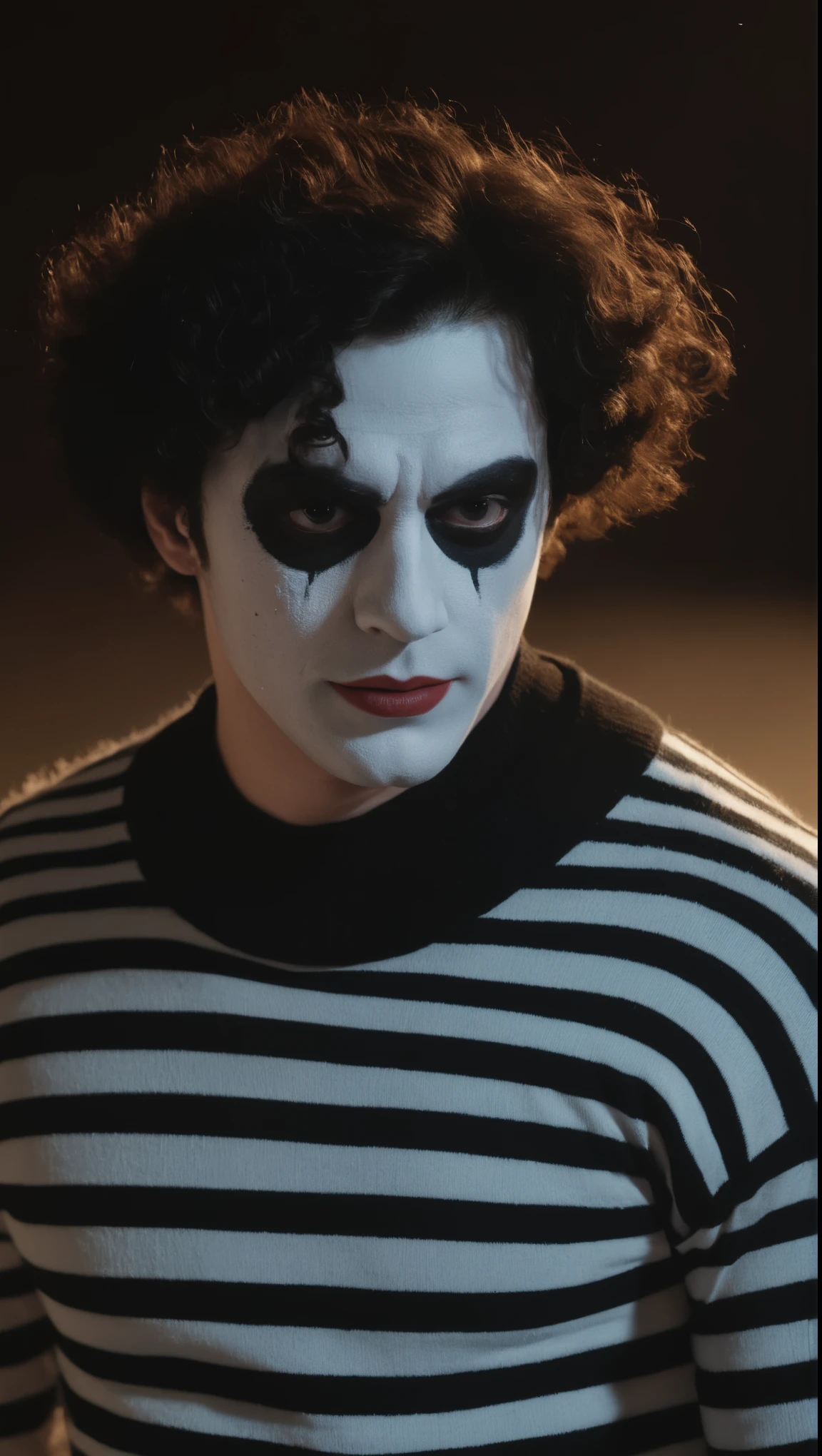 A movie poster, full color, a supervillain man, 28 years-old, wearing a black and white striped sweater and sad mime makeup, stocky, soft doughy physique, deep brown eyes, wide bulbous nose, full lips, black hair, curly hair, thick bushy eyebrows, extremely hairy chest, stomach, and arms, lots of body hair, posing on a neon-lit rooftop, hard shadows, RAW photograph, cinematic shot, masterpiece