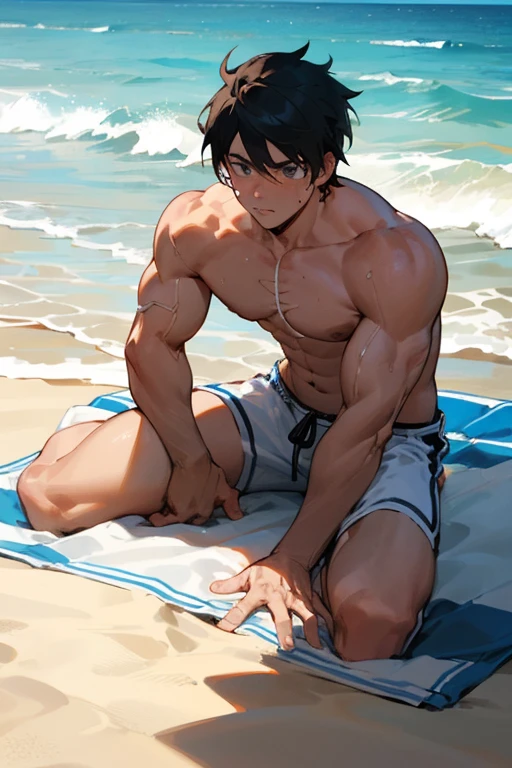 Hombre, muscular, cabello rubio , pello en el pecho, cicatrices, en la playa