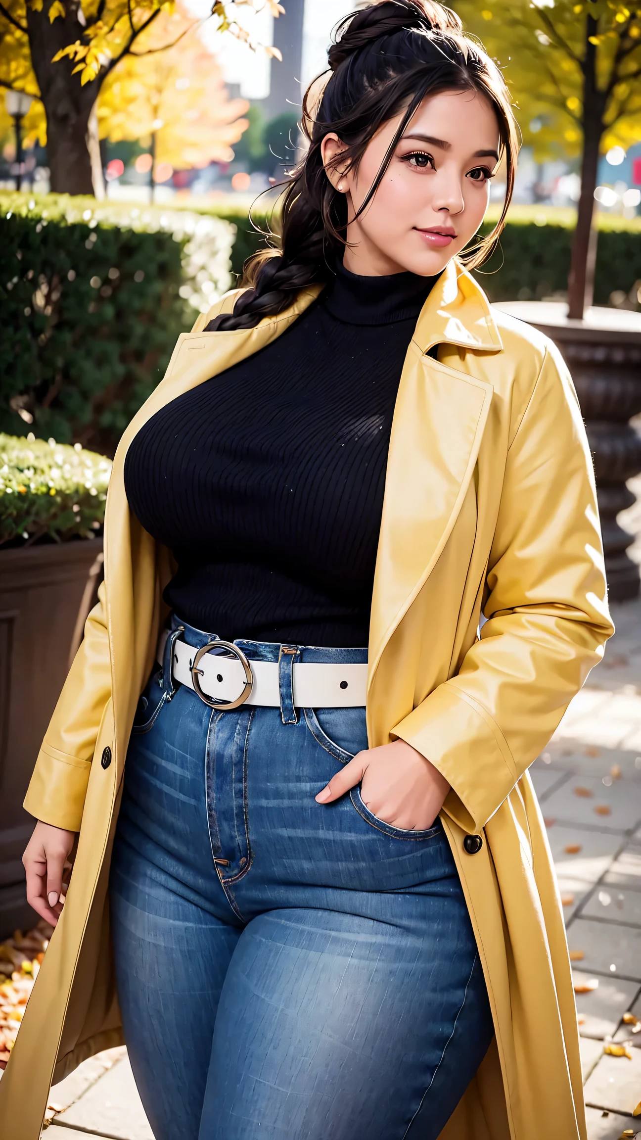 Beautiful sensual woman with a curvy body, black hair, bangs, french braid, widest waist, thicc, beautiful fitting breasts, curvy accentuated booty, olive-green eyes, long eyelashes, light smile, thick thighs, Strong calves, taniaayusiregar, She wears a yellow Coat, jeans, belt, black beanie, she waits in a park, photorealistic, Masterpiece, bokeh, Volumetric lighting, Fall season atmosphere